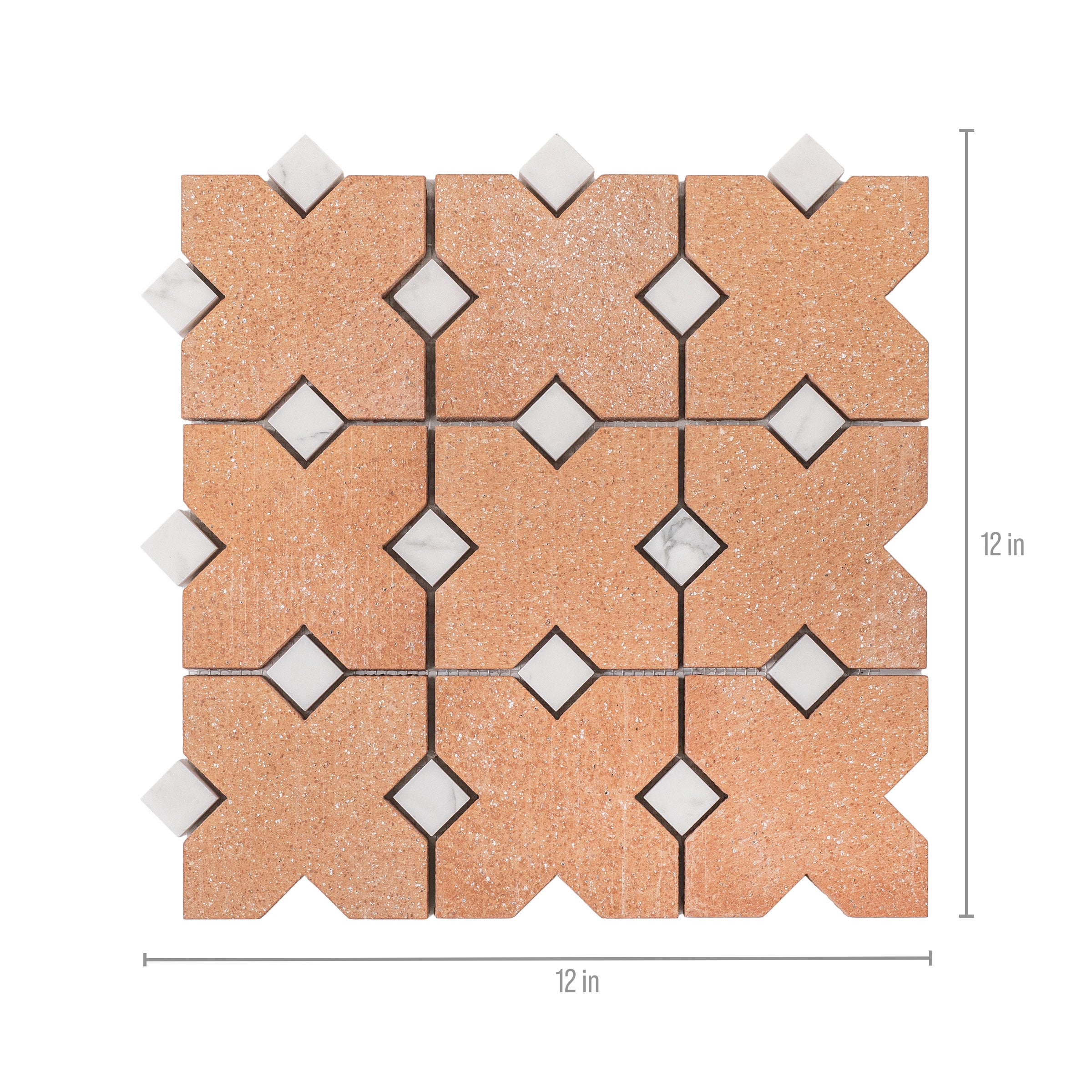 Terracotta Cross Statuario Inset Mosaic with terracotta tiles and polished white Statuario marble from Terracotta Marble Mosaics collection
