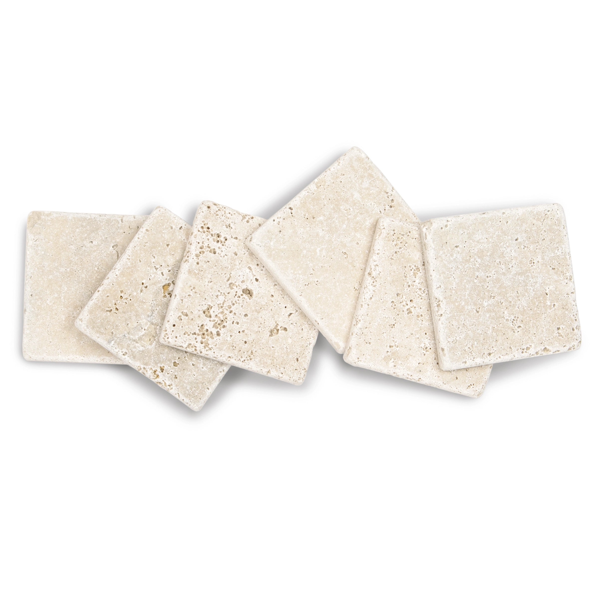 Collection of light beige natural stone tiles with textured surfaces and soft, varied pitting for creative flooring ideas