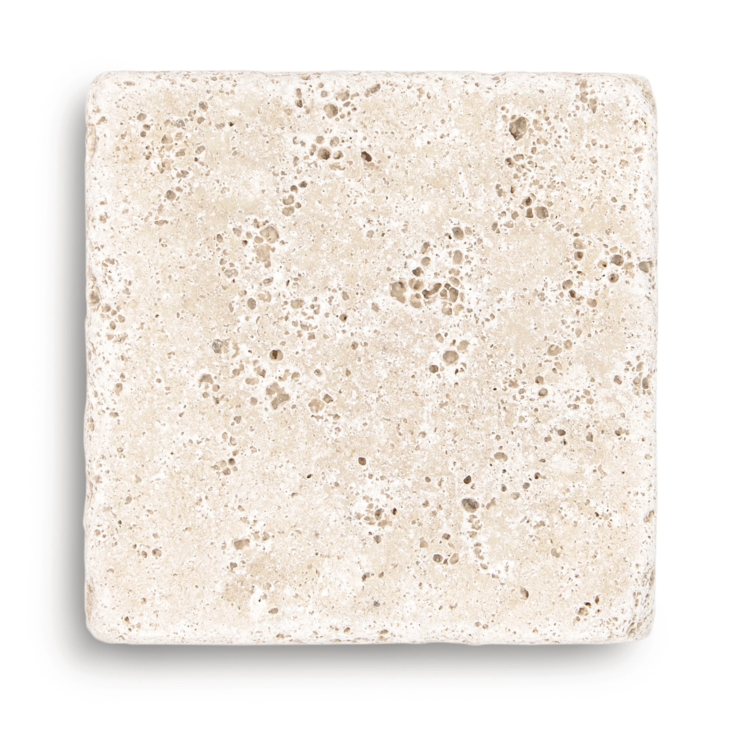 Square natural stone tile in light beige with a tumbled surface showing porous texture and subtle color variations