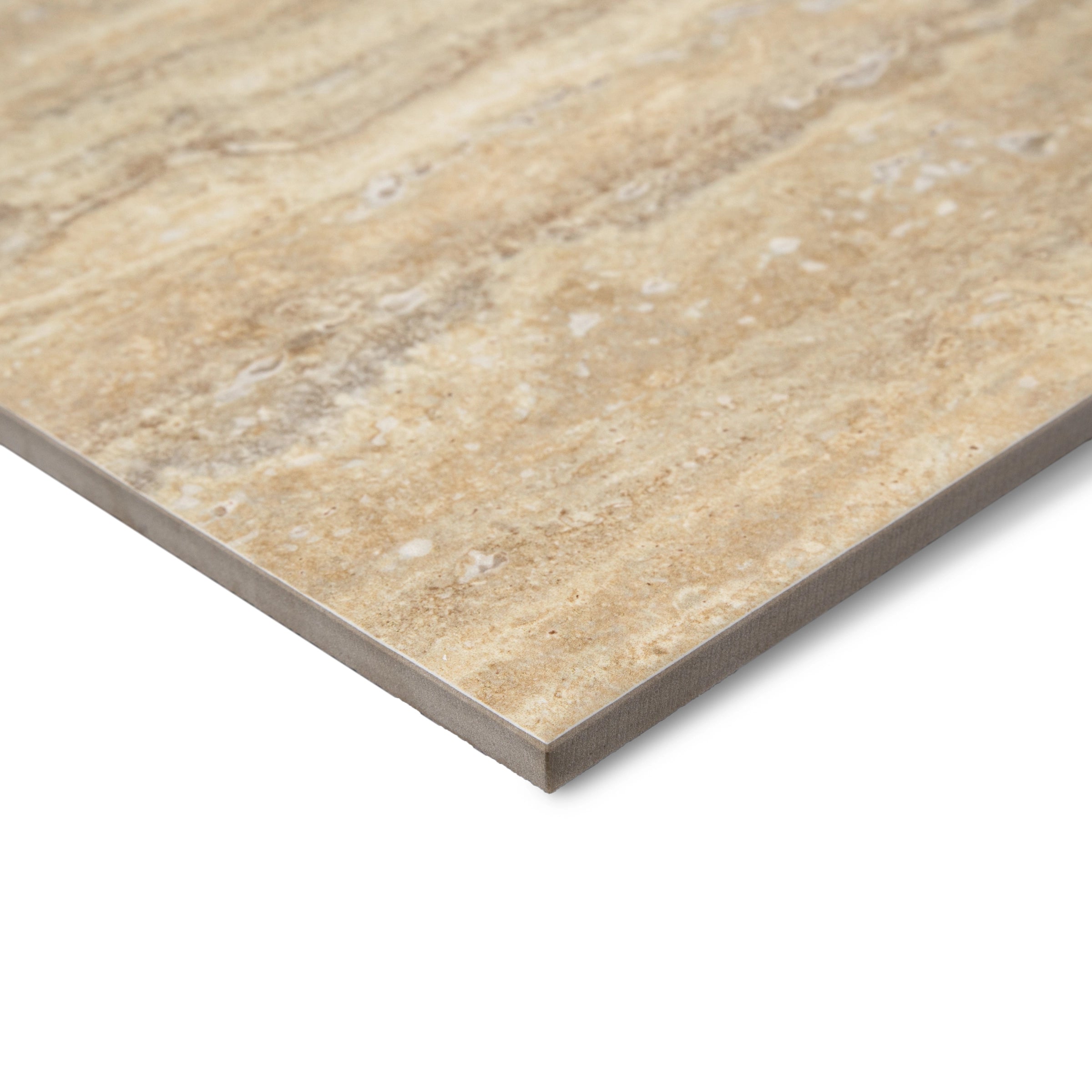 Close-up of light beige ceramic tile with natural stone texture and subtle horizontal striations in warm tones