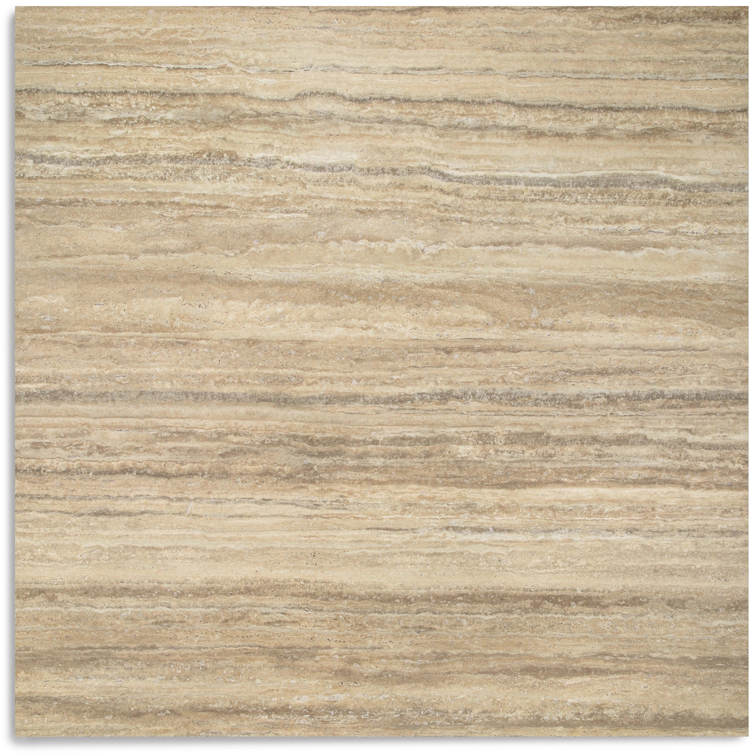 Natural stone-look ceramic tile featuring horizontal striations in warm beige and soft mocha tones