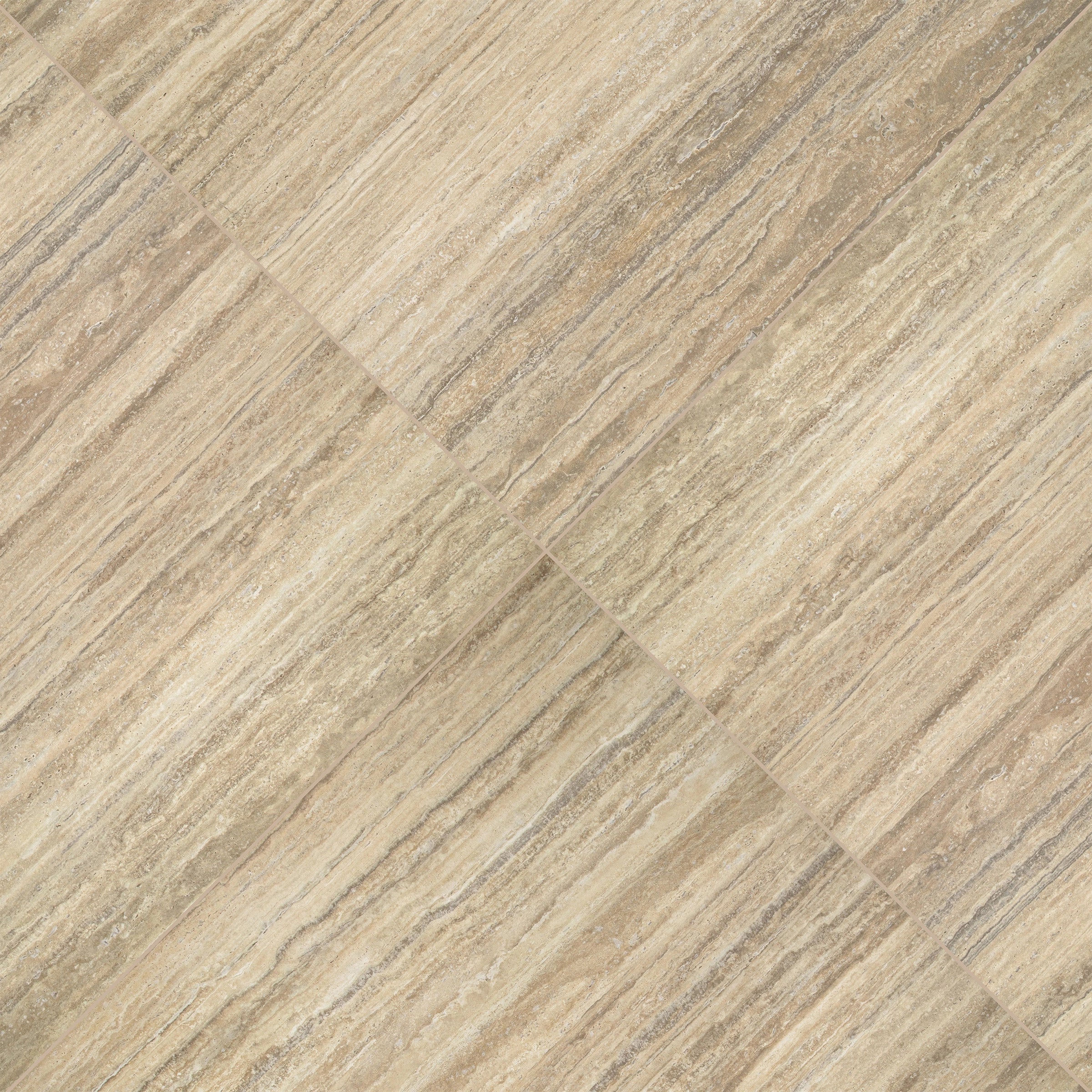 Close-up of ceramic tile with subtle linear patterns in soft mocha and beige tones mimicking natural stone texture