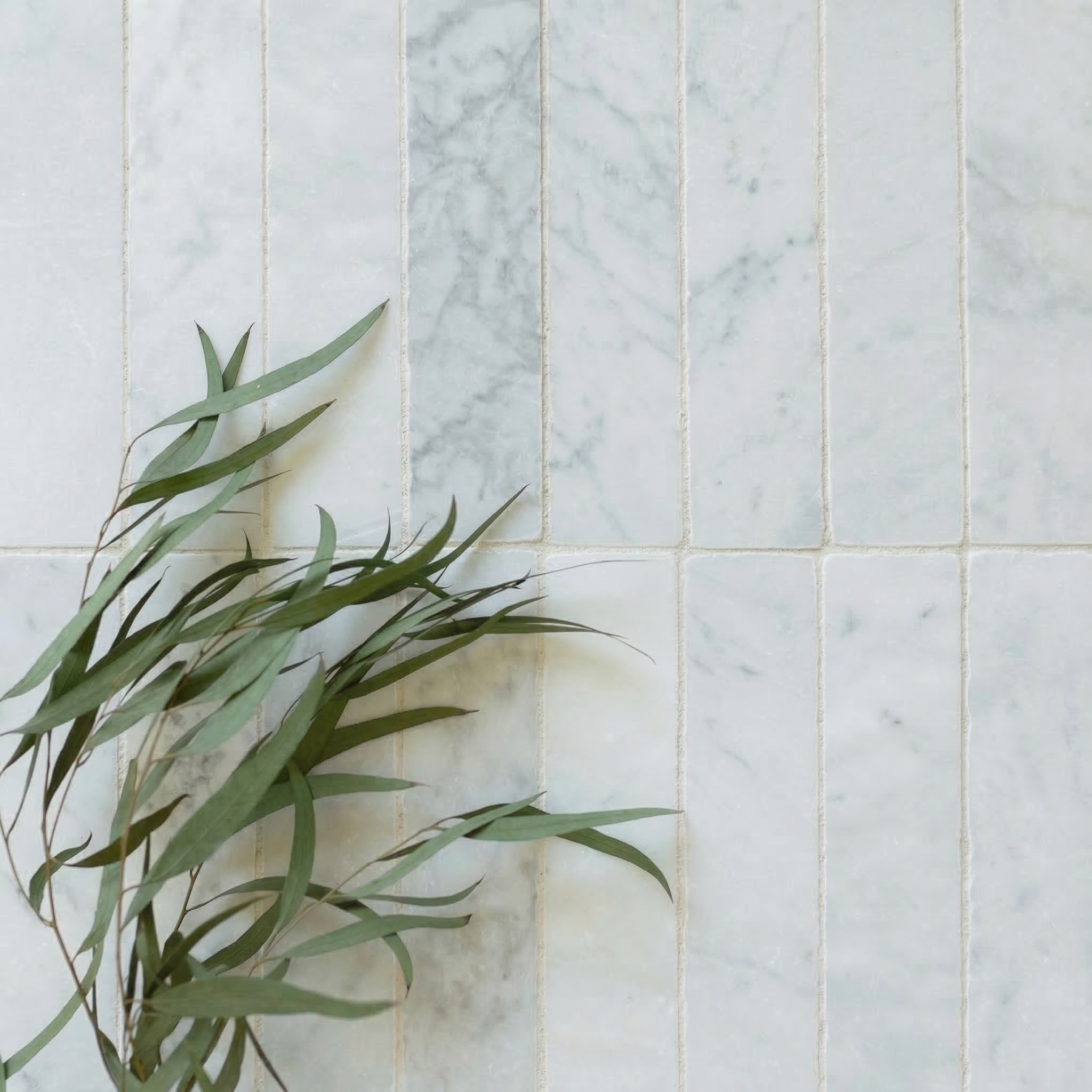 Rectangular white marble tiles with subtle gray veining arranged in a grid alongside a sprig of green leaves