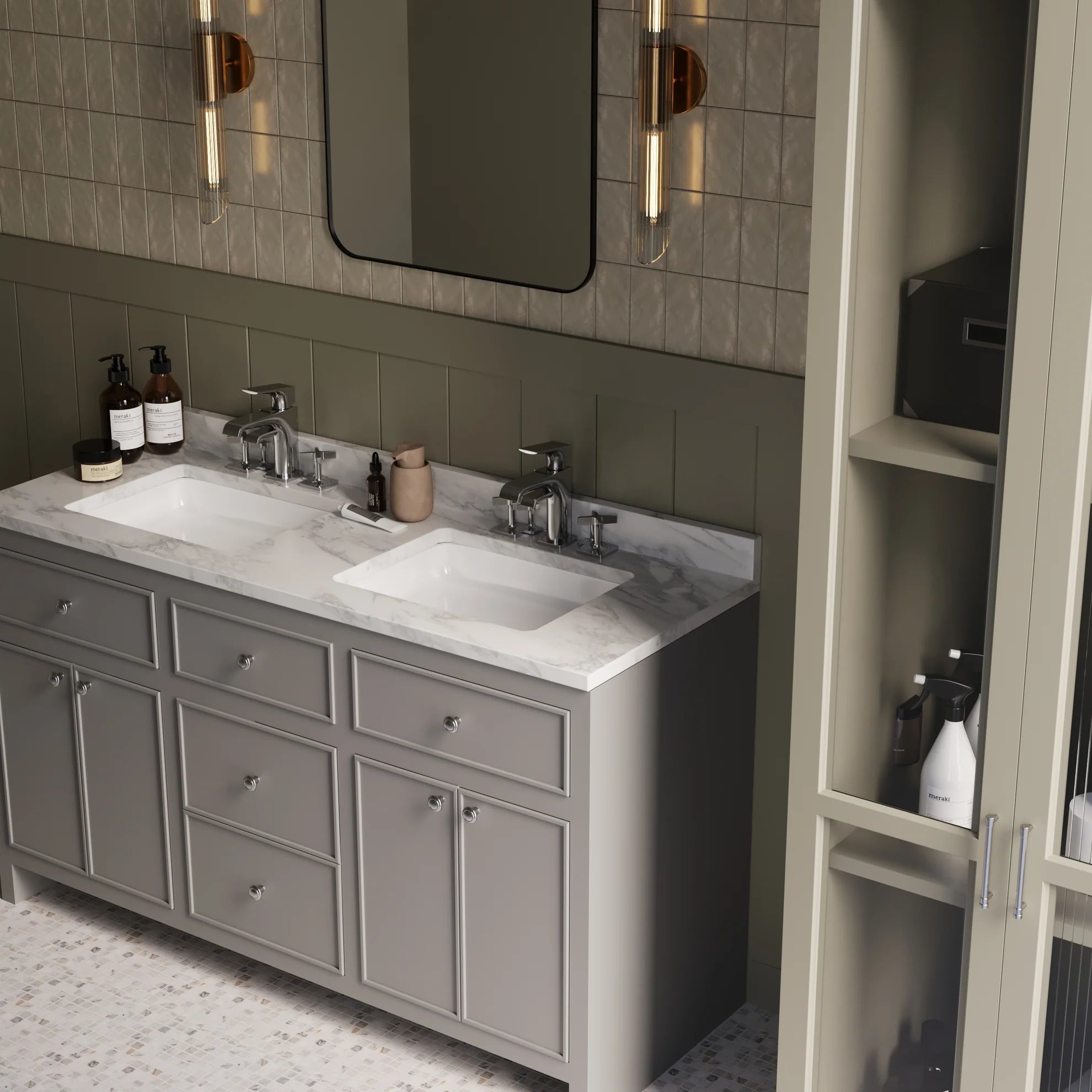 Gray double vanity with marble countertop and square sinks under a rectangular mirror with tile backsplash and wall sconces