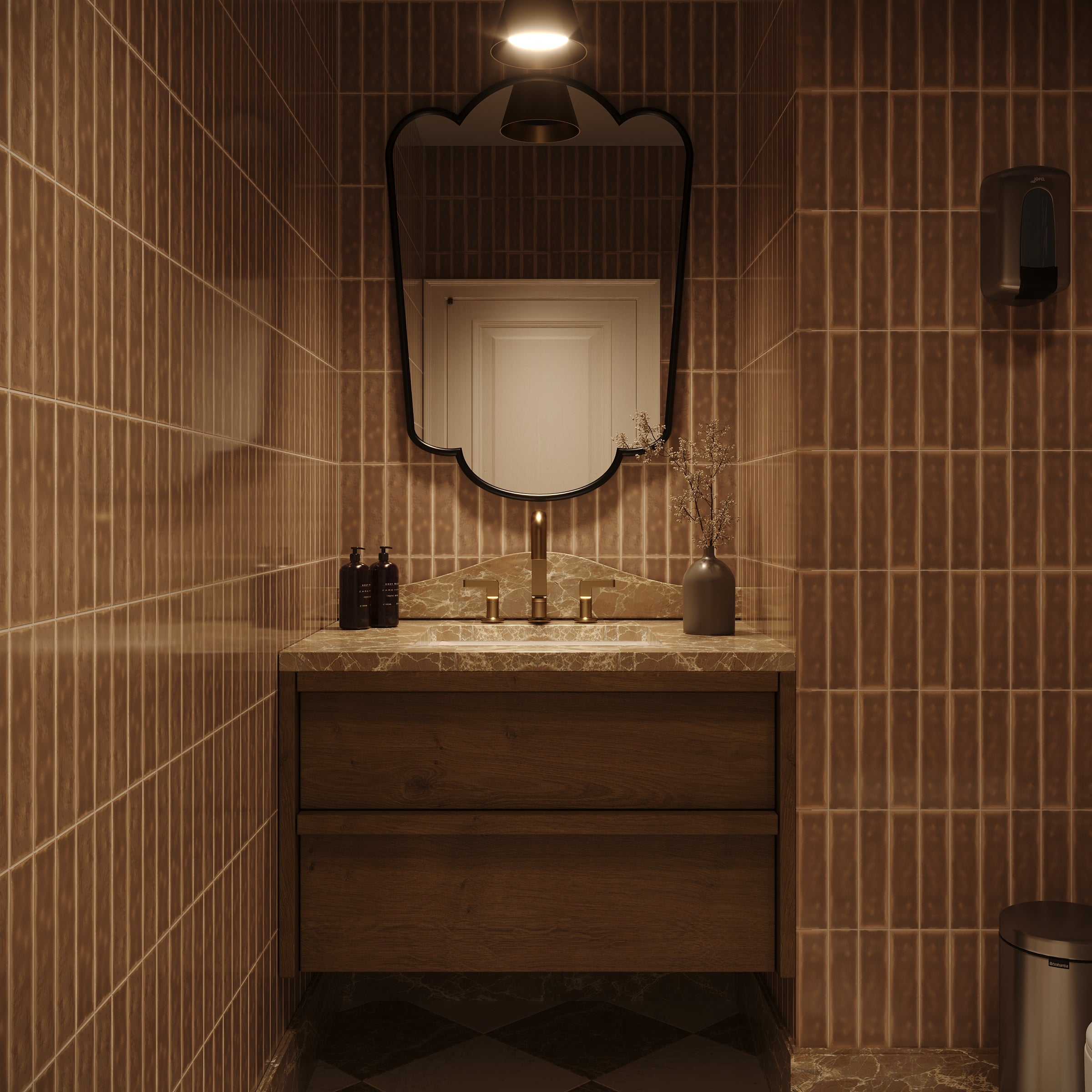 Modern bathroom with vertical brown ceramic tile walls, wooden vanity, marble countertop, and decorative mirror above sink