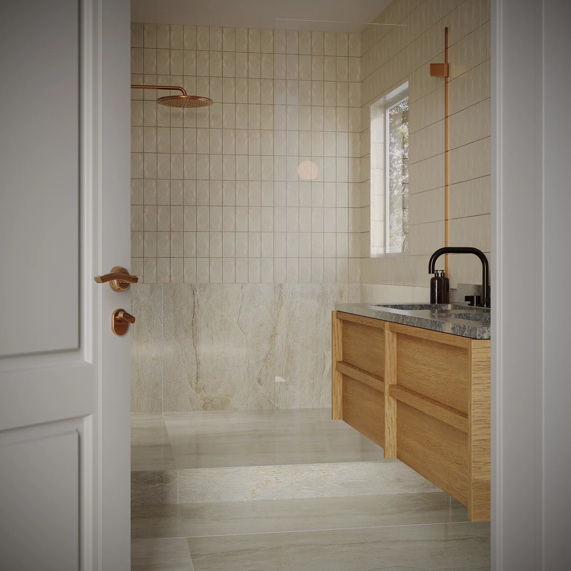 Modern bathroom with wood vanity, black faucet, large porcelain tiles, and copper shower fixtures by a window