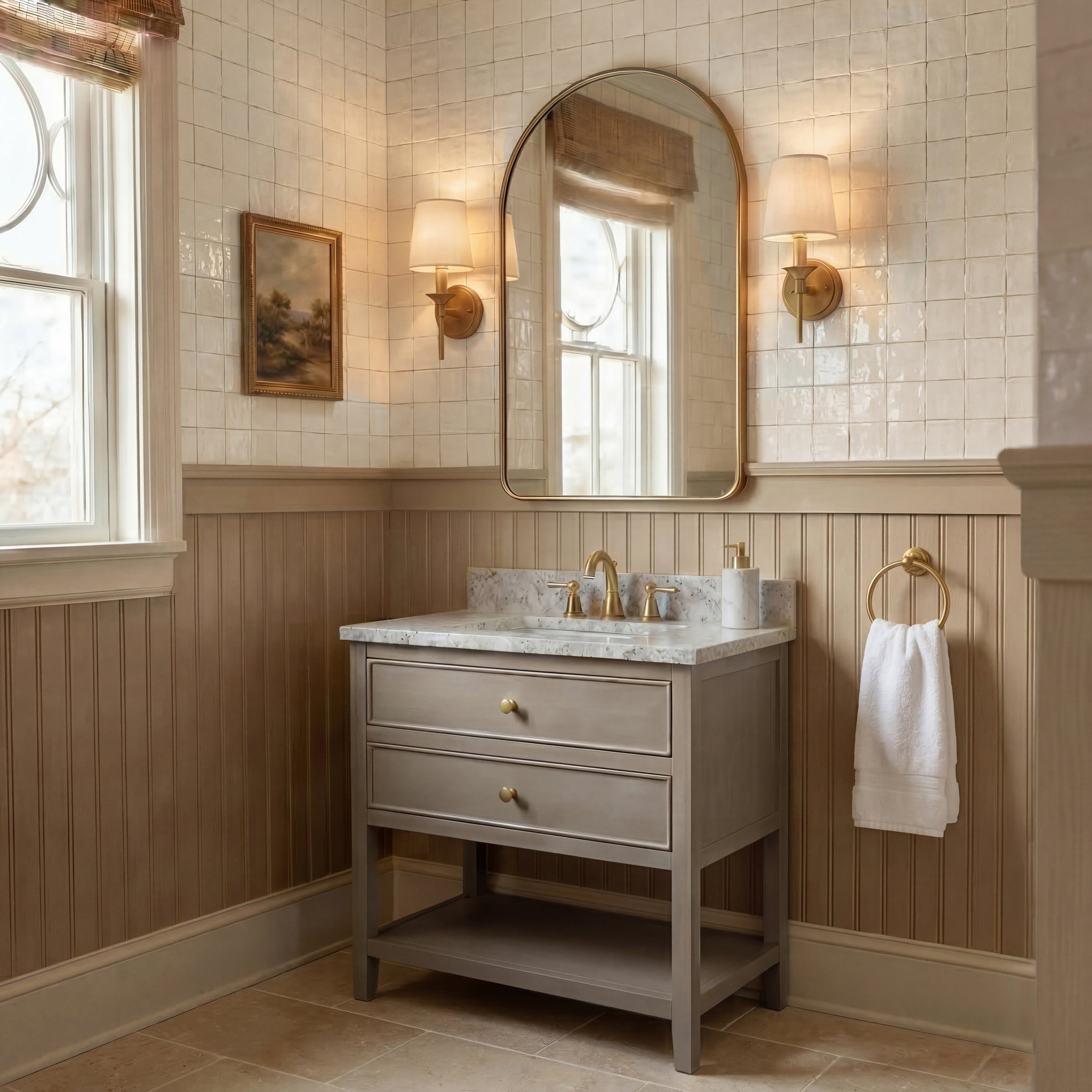Bathroom vanity with marble countertop and gold fixtures, beige ceramic tiles and wood paneling walls illuminated by wall sconces