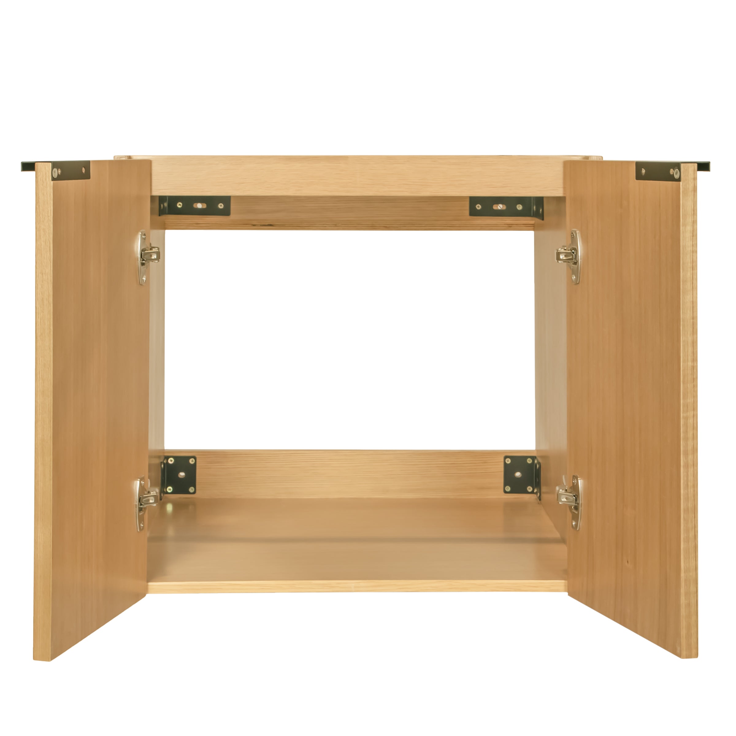 Open natural oak wood vanity cabinet with flat panel doors and visible metal hinges inside the frame