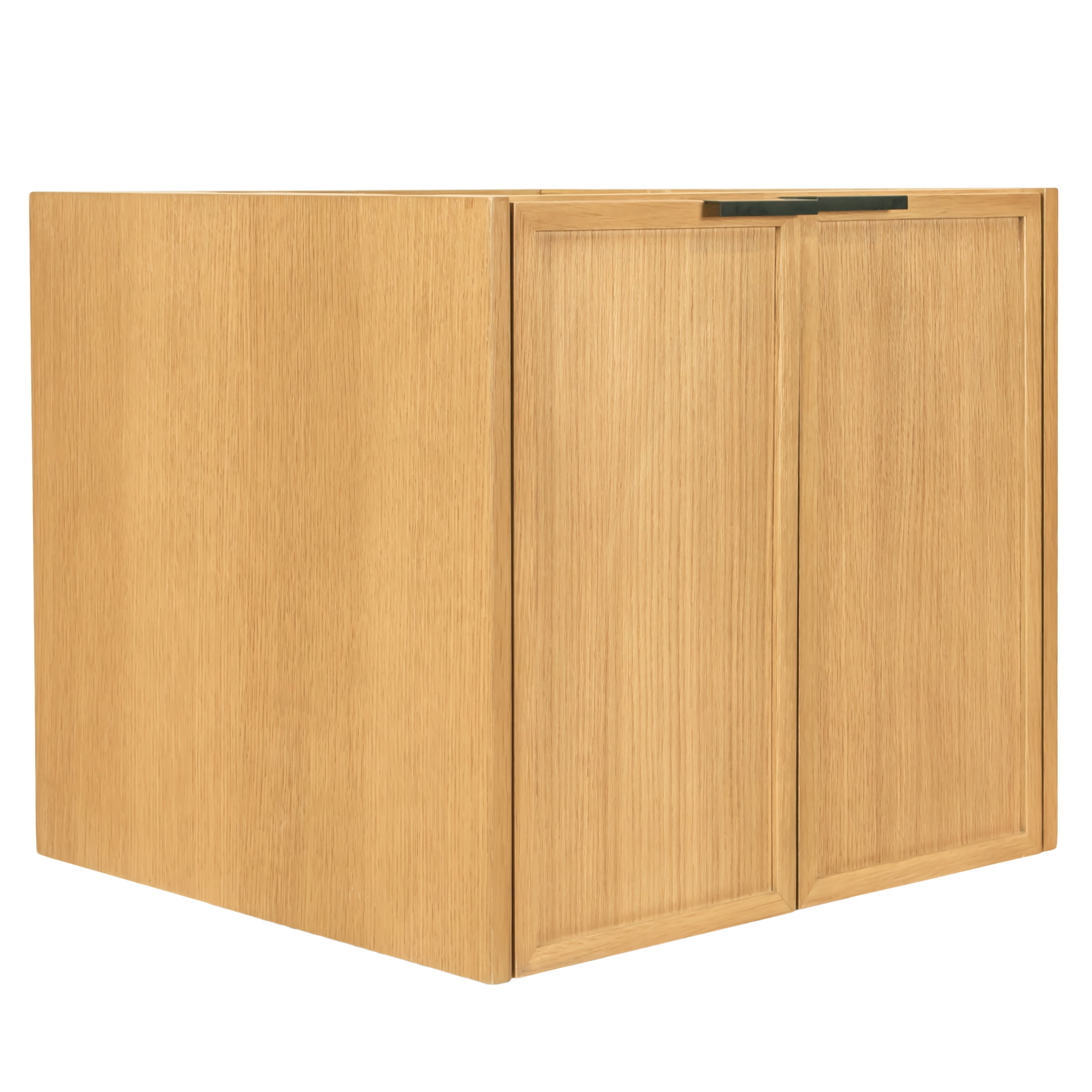 Corner bathroom vanity with two rectangular oak doors and a discreet horizontal metal handle on top edge