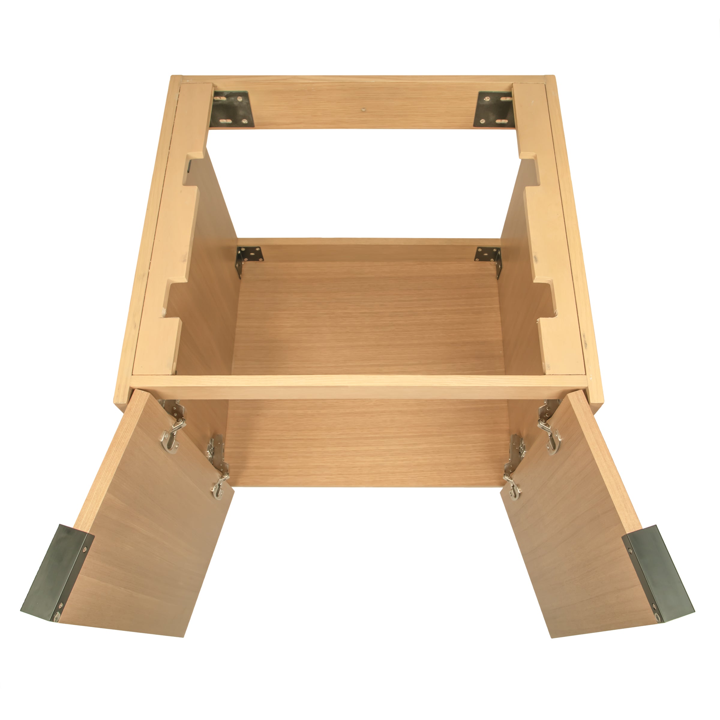 Open natural oak wood bathroom vanity base with two hinged doors and metal corner brackets visible inside frame