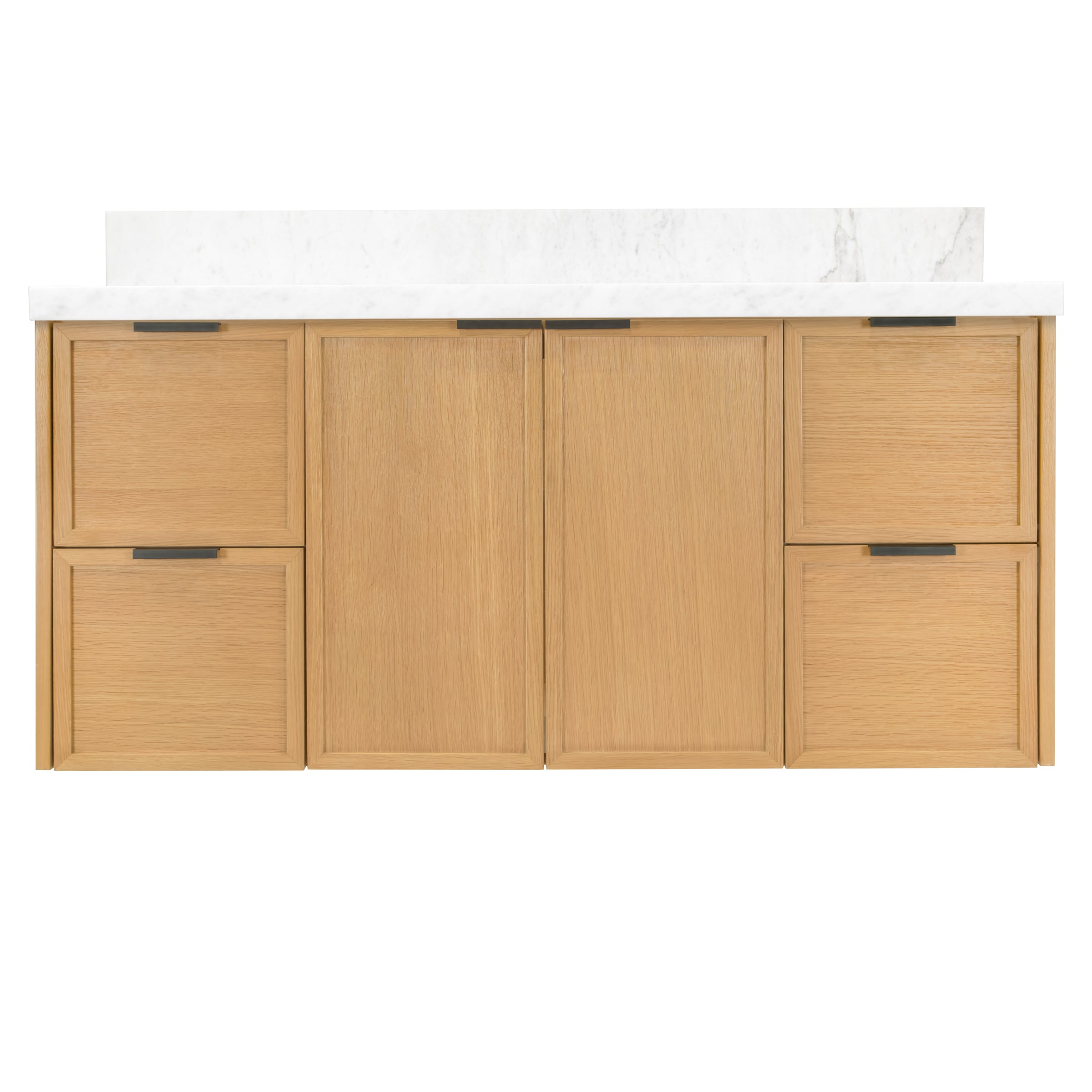 The Strand Bathroom Vanity in brown with slim shaker doors and white marble-look countertop from Bathroom Vanities collection