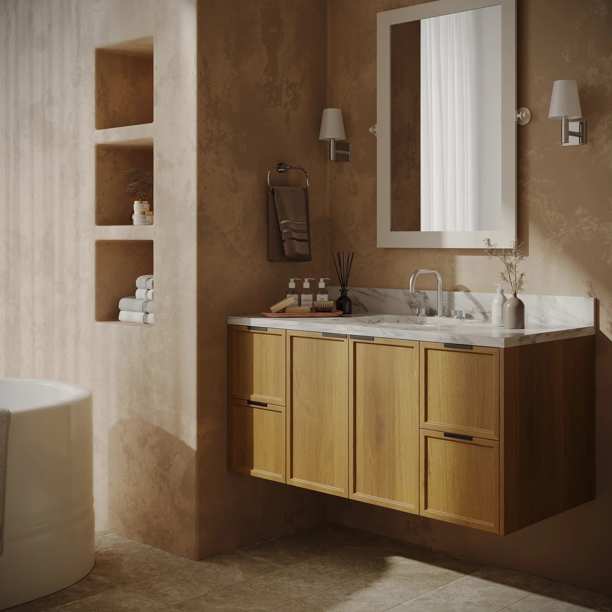 Modern bathroom interior with oak vanity, marble countertop, rectangular mirror, built-in shelves, and soft natural lighting