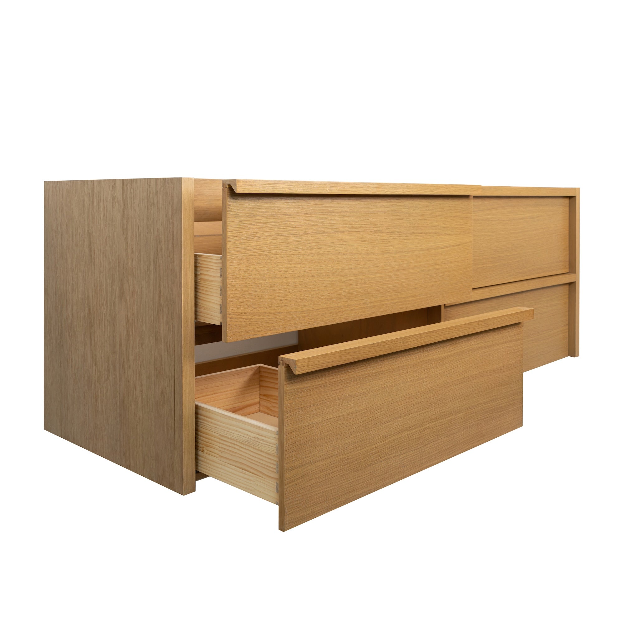 Modern oak wood cabinet with smooth sliding drawers showcasing natural grain and clean, minimalist design