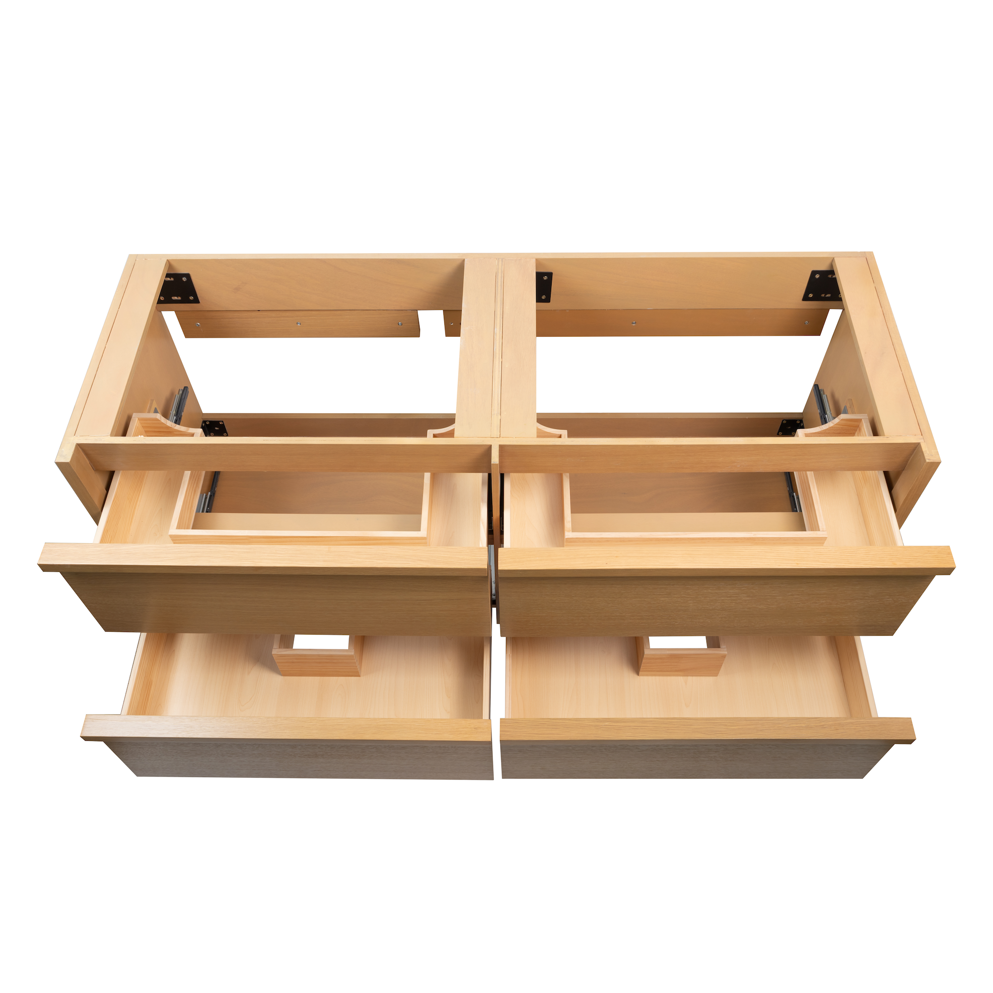 Pair of unfinished wooden drawer frames with smooth light wood grain and metal hardware for cabinetry assembly