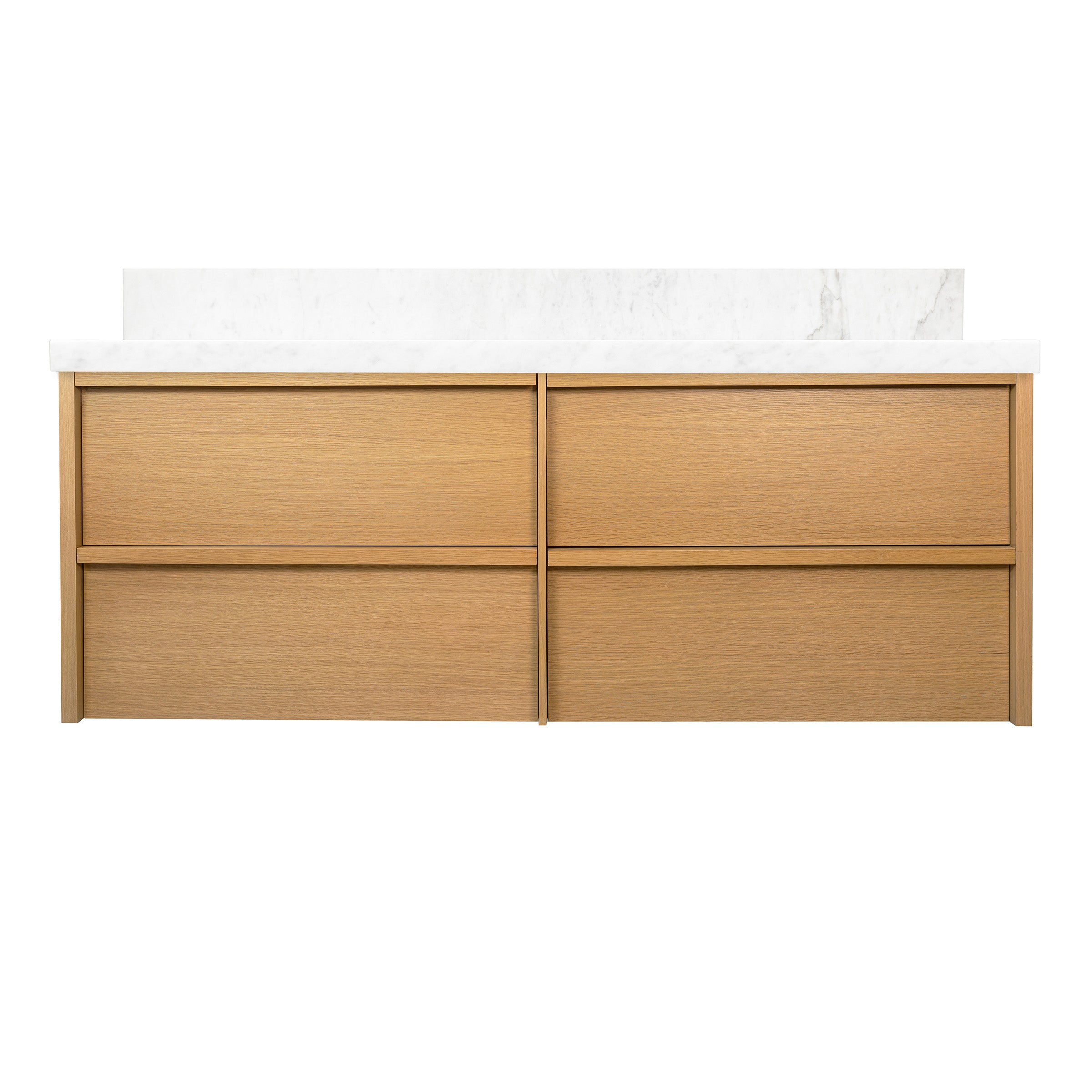 The Dune Bathroom Vanity in beige and brown with four smooth flat drawer fronts and white marble-look top from New Arrivals collection