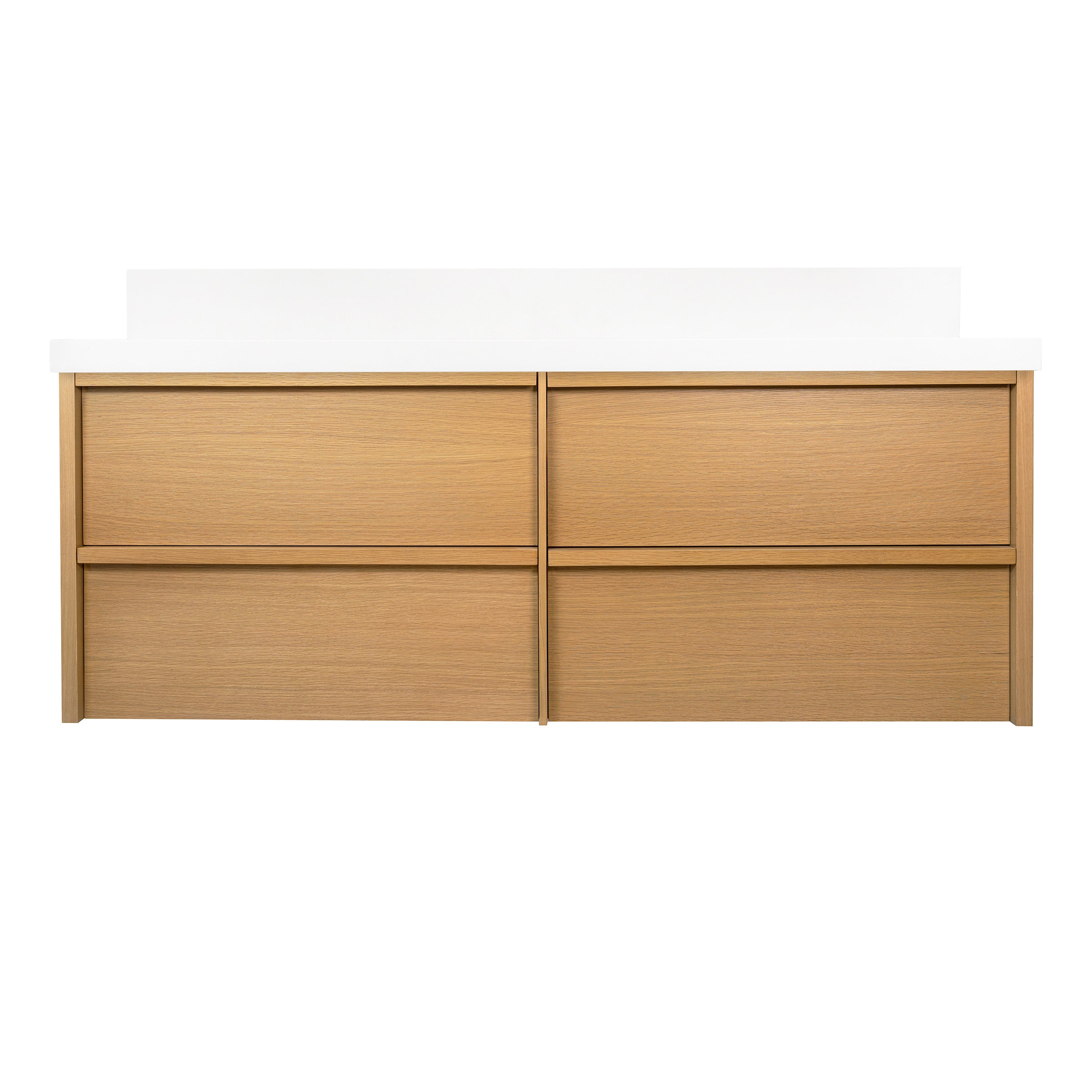 The Dune Bathroom Vanity in beige and brown with four flush Harvest Oak drawer fronts and white countertop from New Arrivals collection