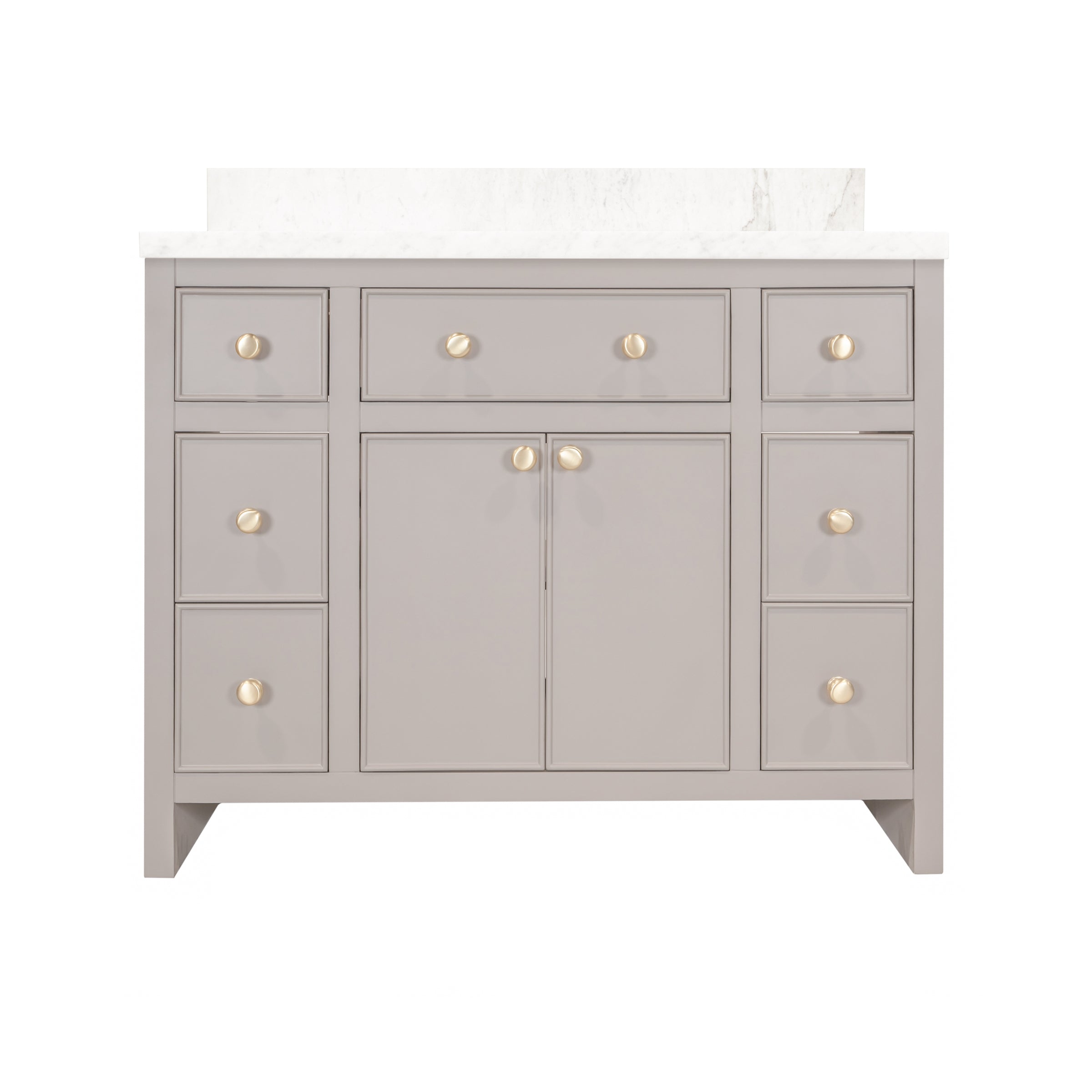 The Harlow Bathroom Vanity in taupe plaster with inset doors, round knobs, leg-mounted design, and quartz top from Bathroom Vanities collection