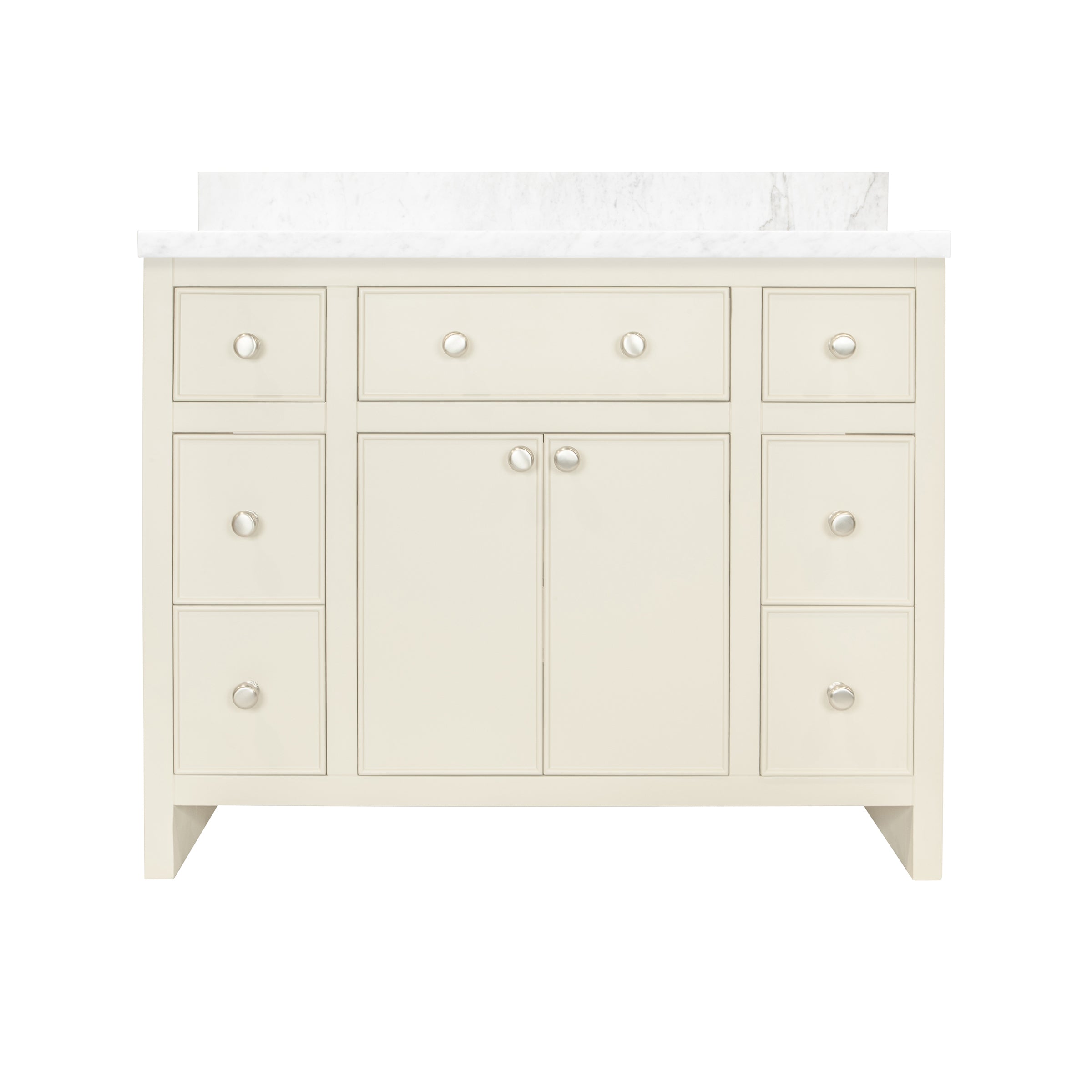 The Harlow Bathroom Vanity in beige plaster with inset doors, round knobs, leg-mounted design, and marble top from Bathroom Vanities collection