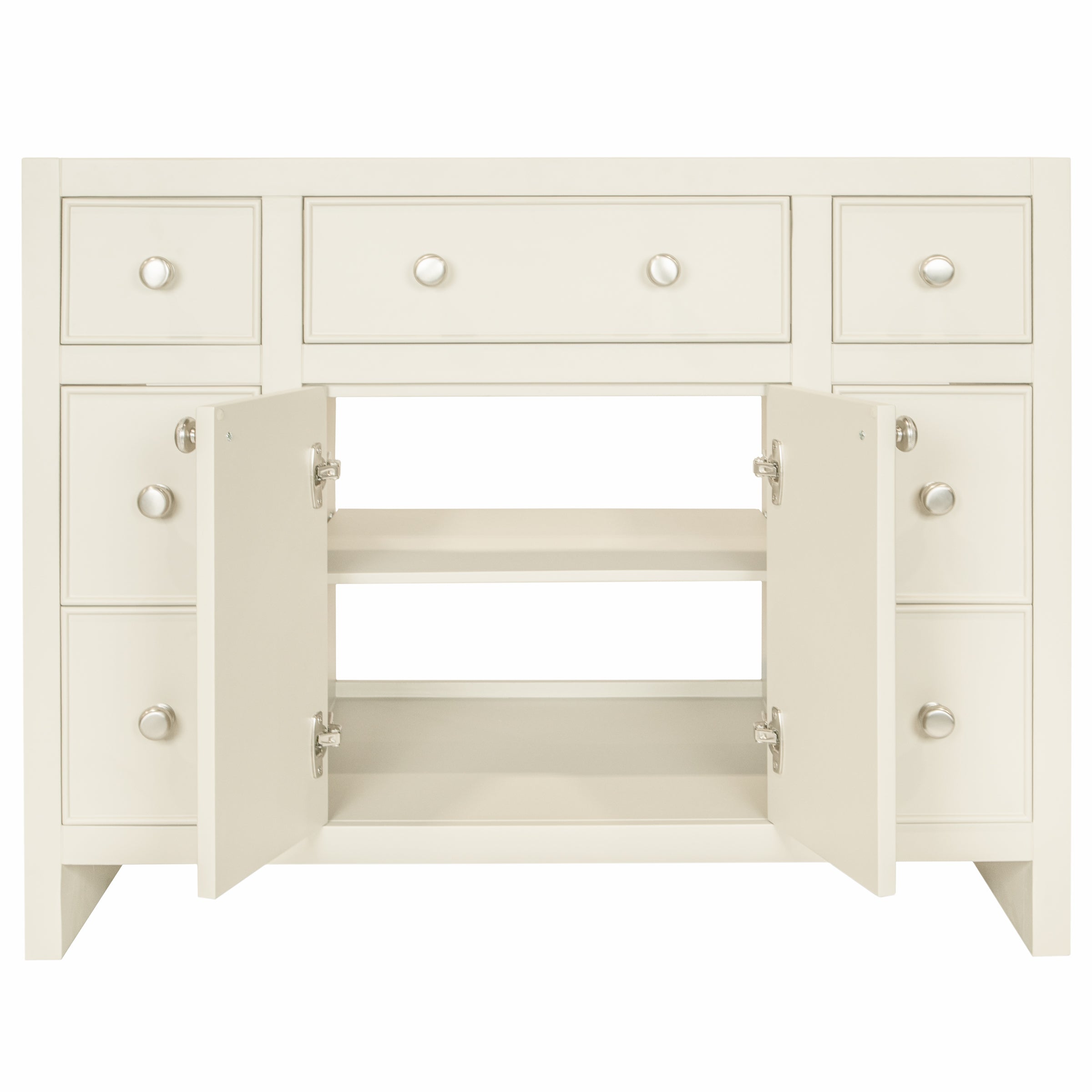 Cream-toned vanity cabinet with open double doors revealing two interior shelves and multiple round knobs