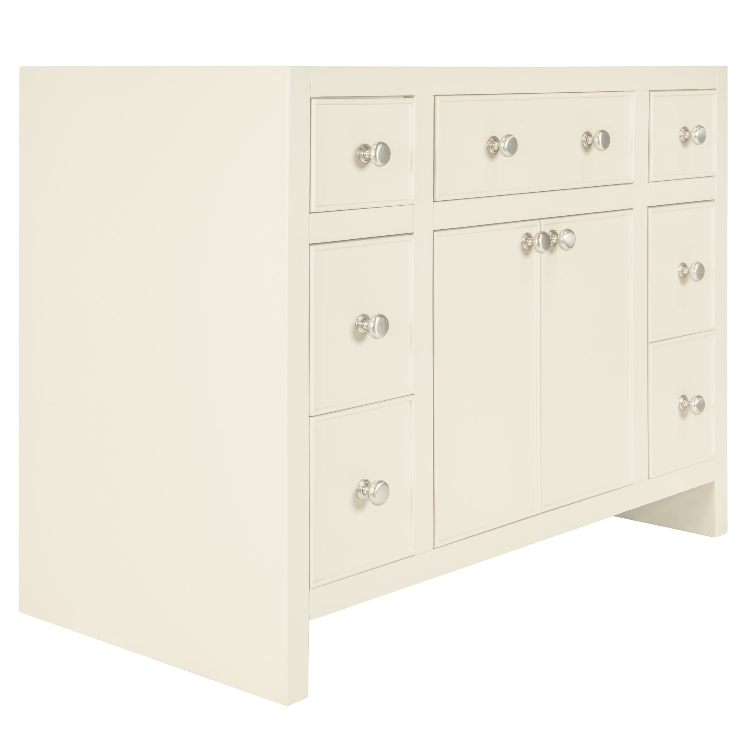 Cream-toned vanity cabinet with multiple drawers and doors, featuring clear round knobs and a minimalist design