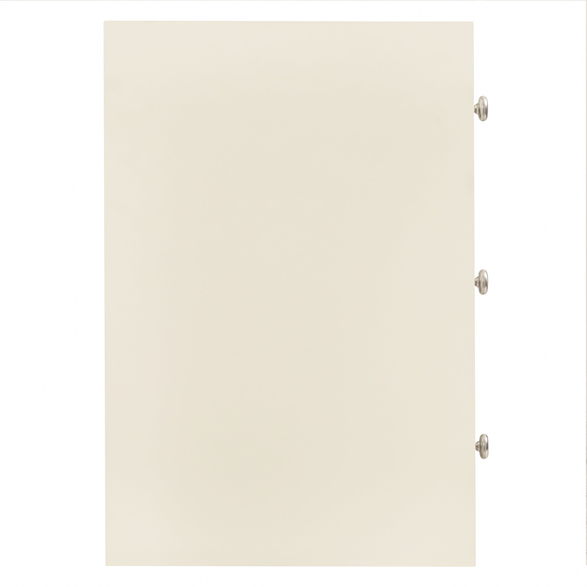Cream-colored cabinet door panel with three silver round knobs along the side in a minimalist style