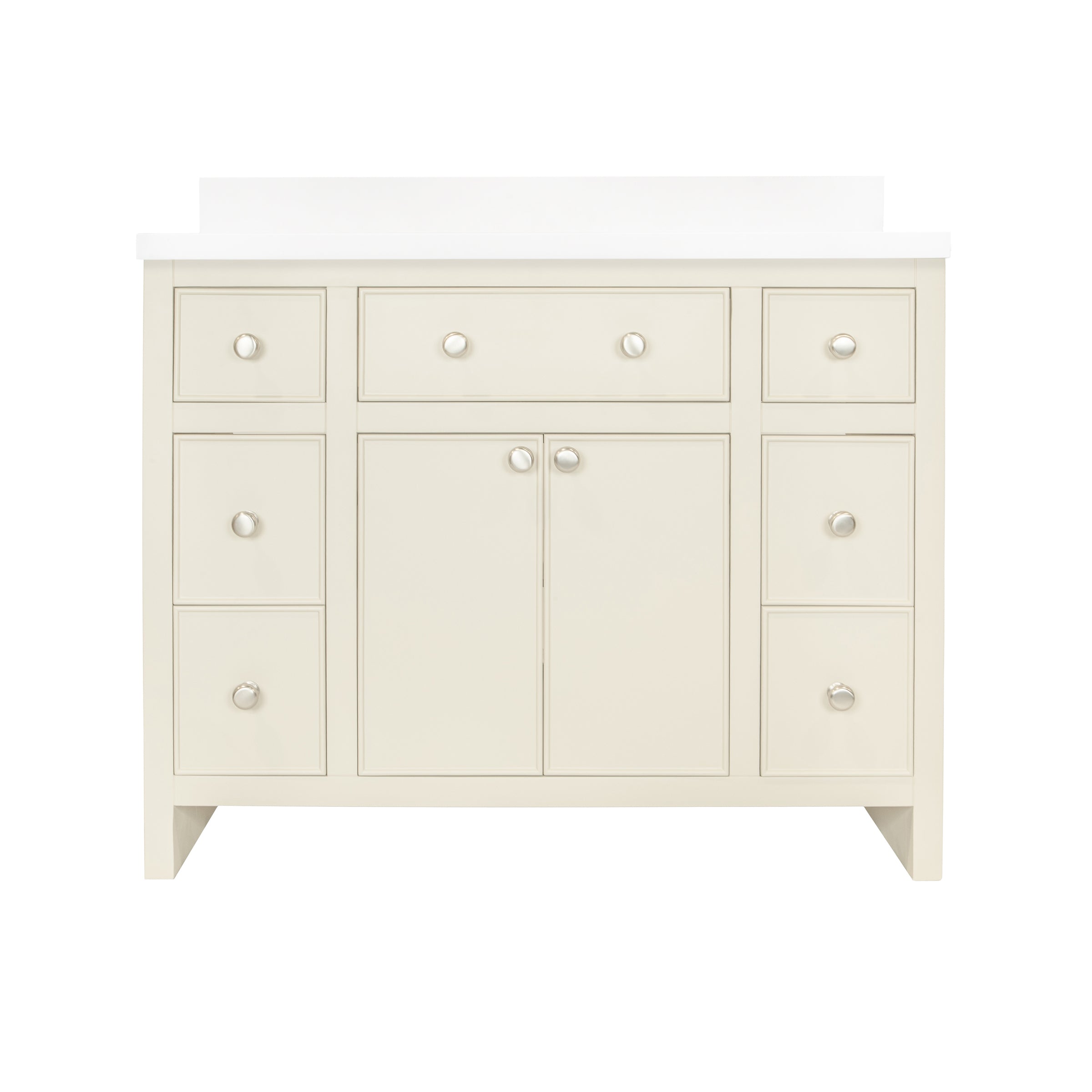 The Harlow Bathroom Vanity in beige plaster with inset doors, round knobs, leg-mounted style, and quartz top from Bathroom Vanities collection