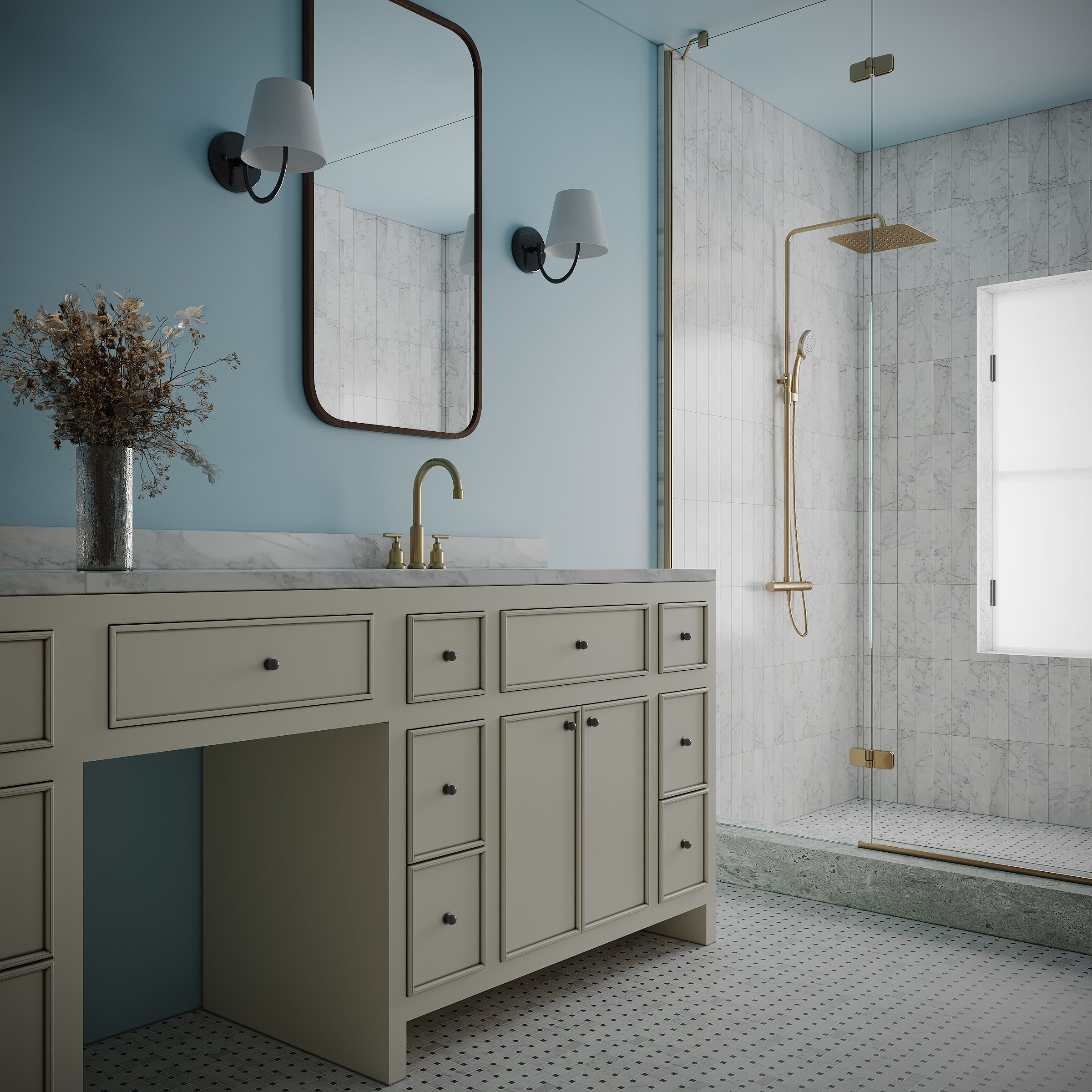 Bathroom with beige vanity, brass faucet, blue walls, large mirror, wall sconces, and glass shower with white tile walls