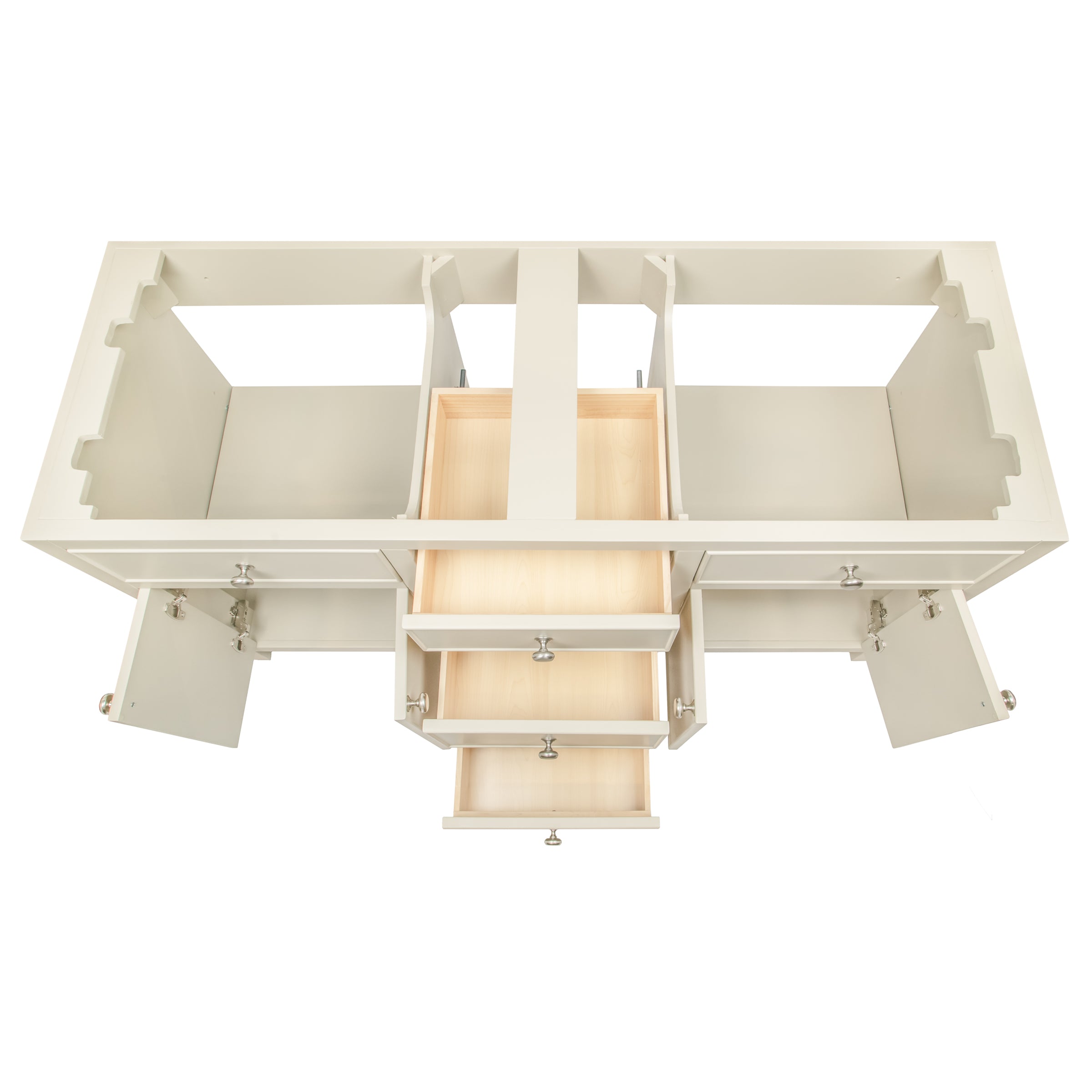 Top-down view of a cream-colored cabinet frame with three open wooden drawers and four open doors revealing empty storage compartments