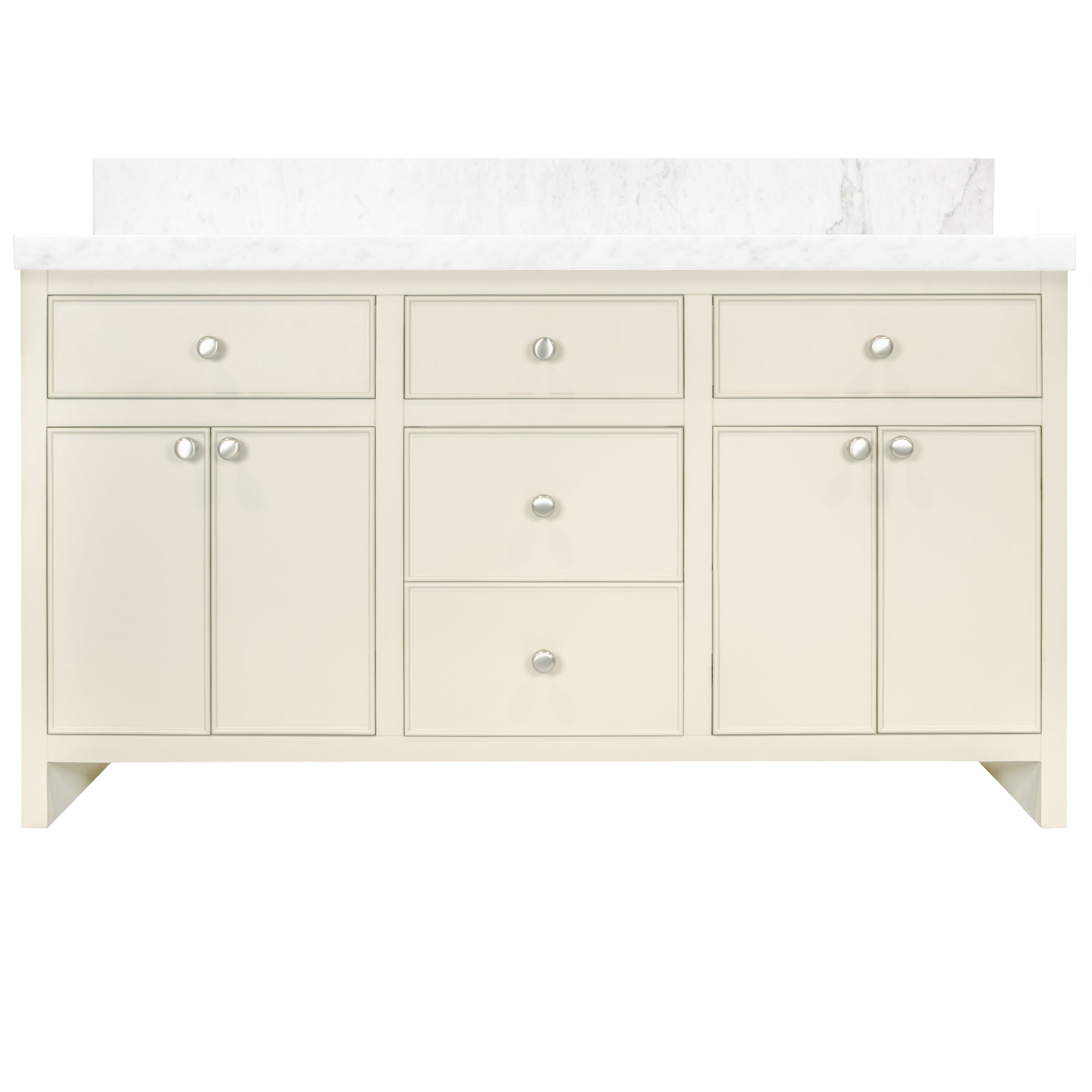 The Harlow Bathroom Vanity in beige plaster with inset doors, round knobs, leg-mounted design, and marble top from Bathroom Vanities collection