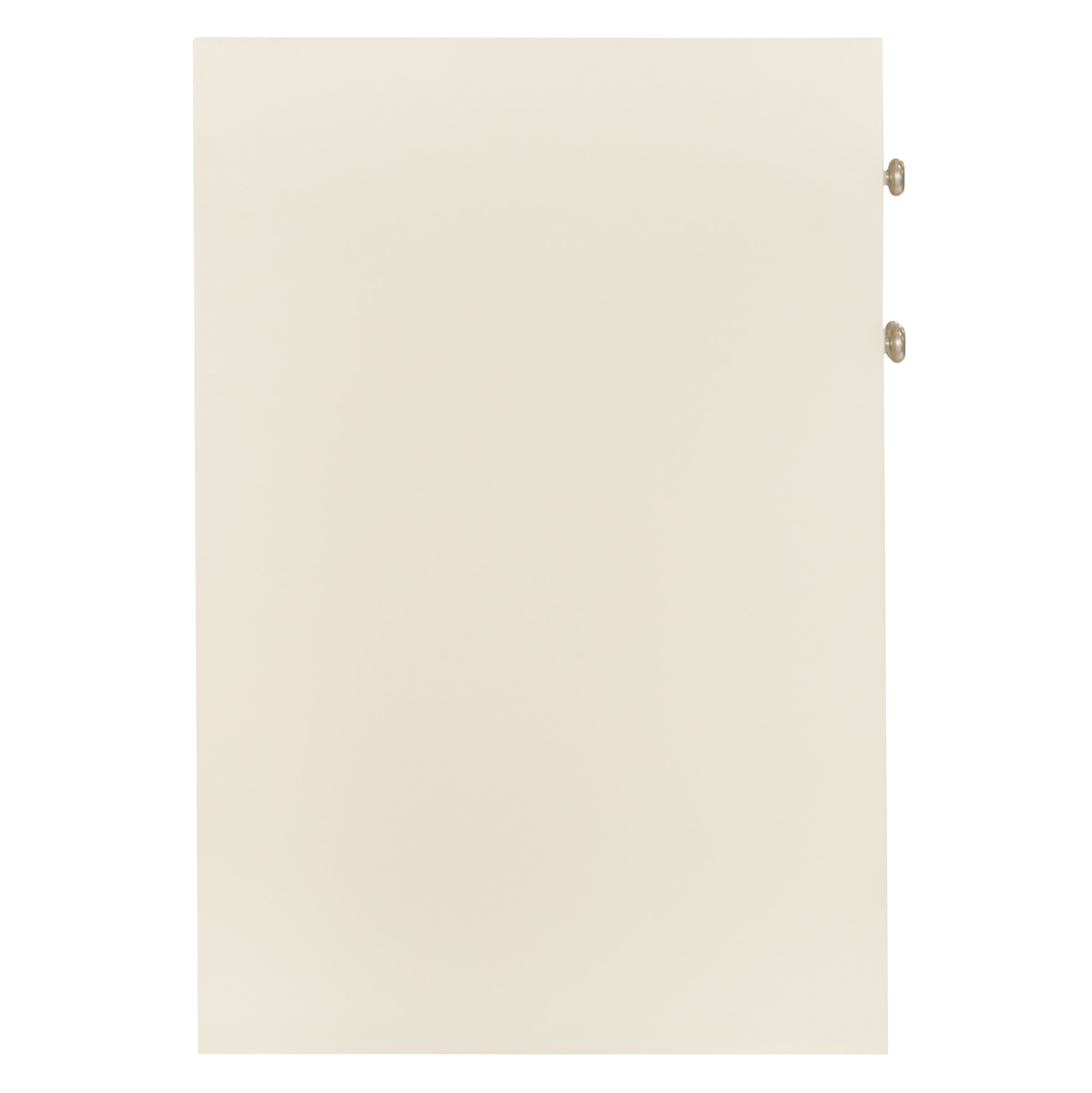 Light beige rectangular cabinet door with smooth finish and two small brass hinges on the side