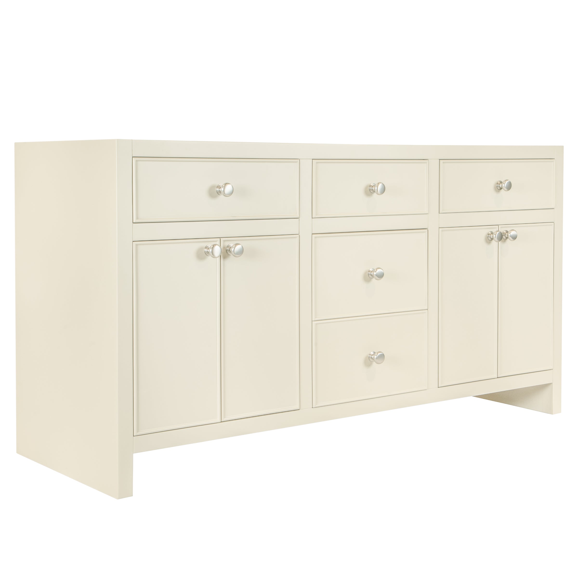 Cream-colored vanity cabinet with three top drawers, two center drawers, and multiple doors featuring round metal knobs