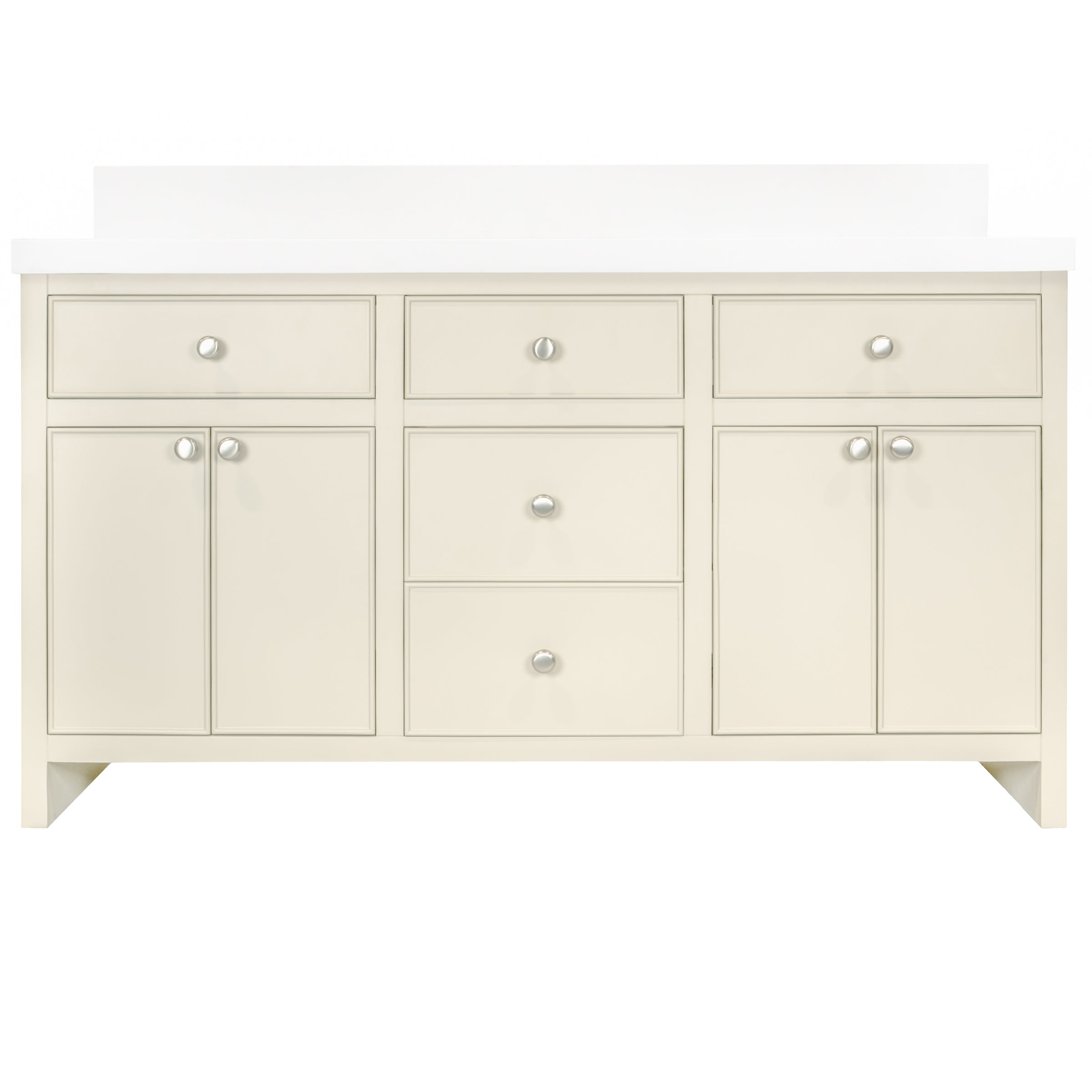 The Harlow Bathroom Vanity in beige plaster with inset doors, round knobs, leg-mounted, and quartz top from Bathroom Vanities collection