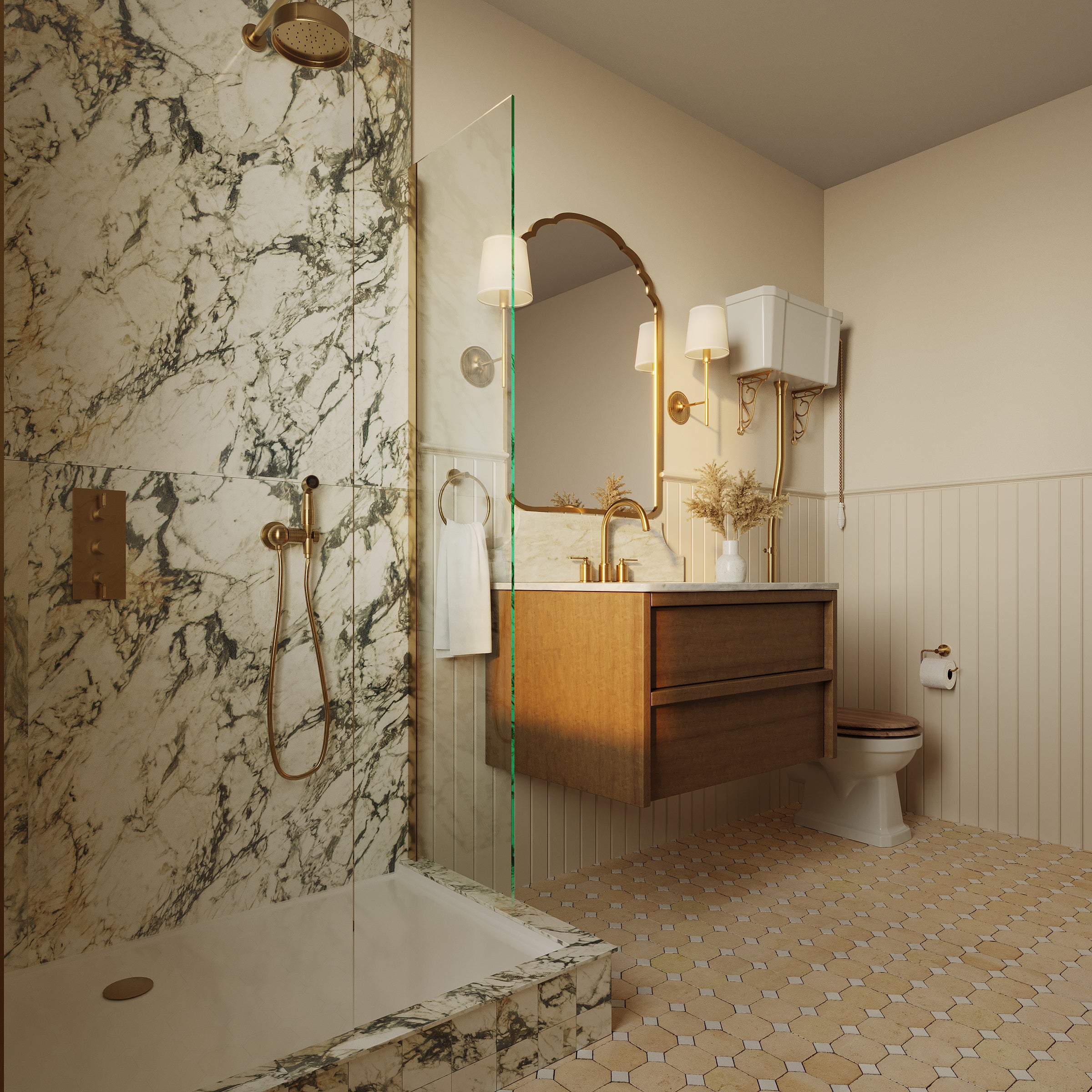 Modern bathroom with marble shower tiles, floating wood vanity, decorative mirror, wall sconces, and hexagonal floor tiles