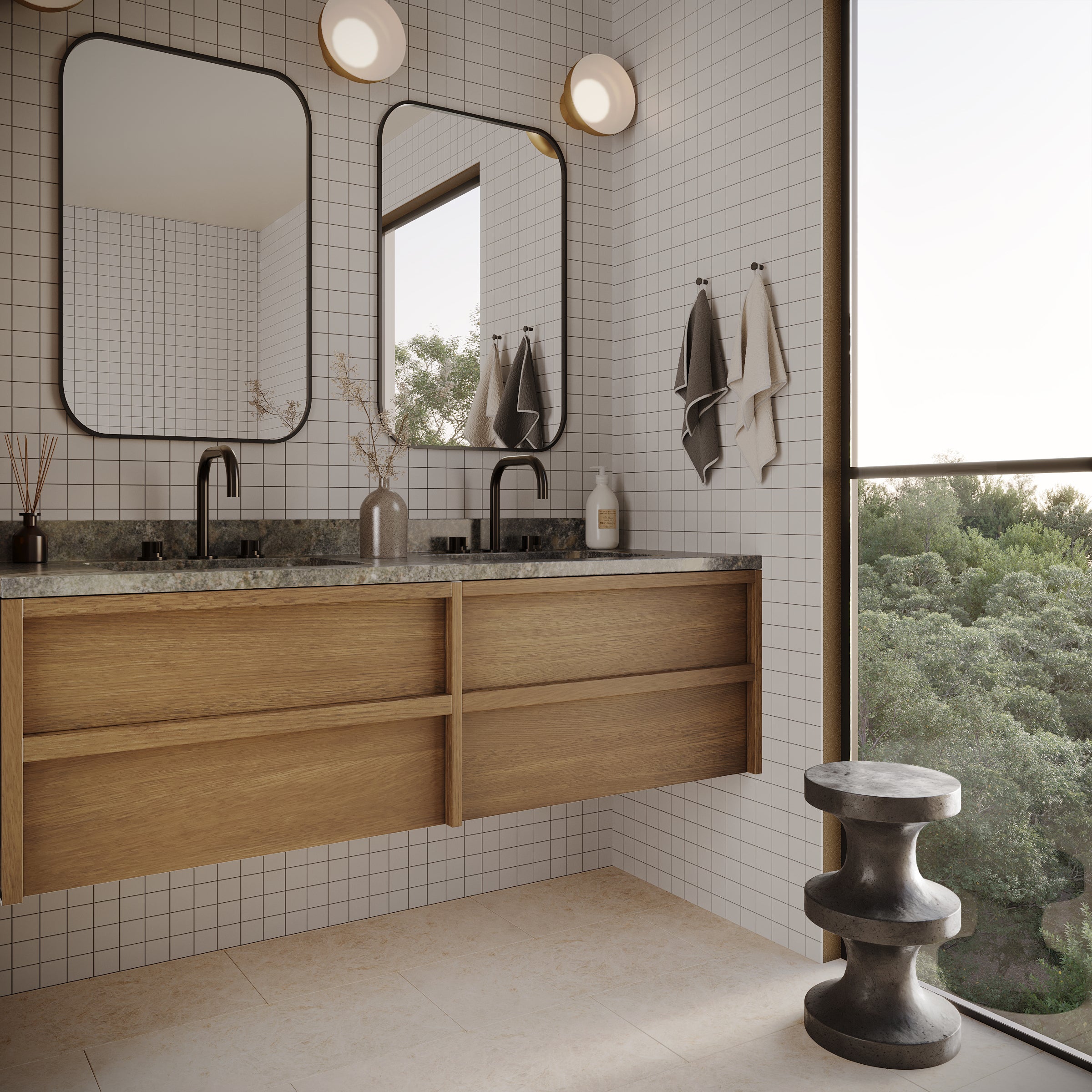 Modern bathroom with floating oak vanity, granite countertop, black faucets, square white wall tiles, and large window view.