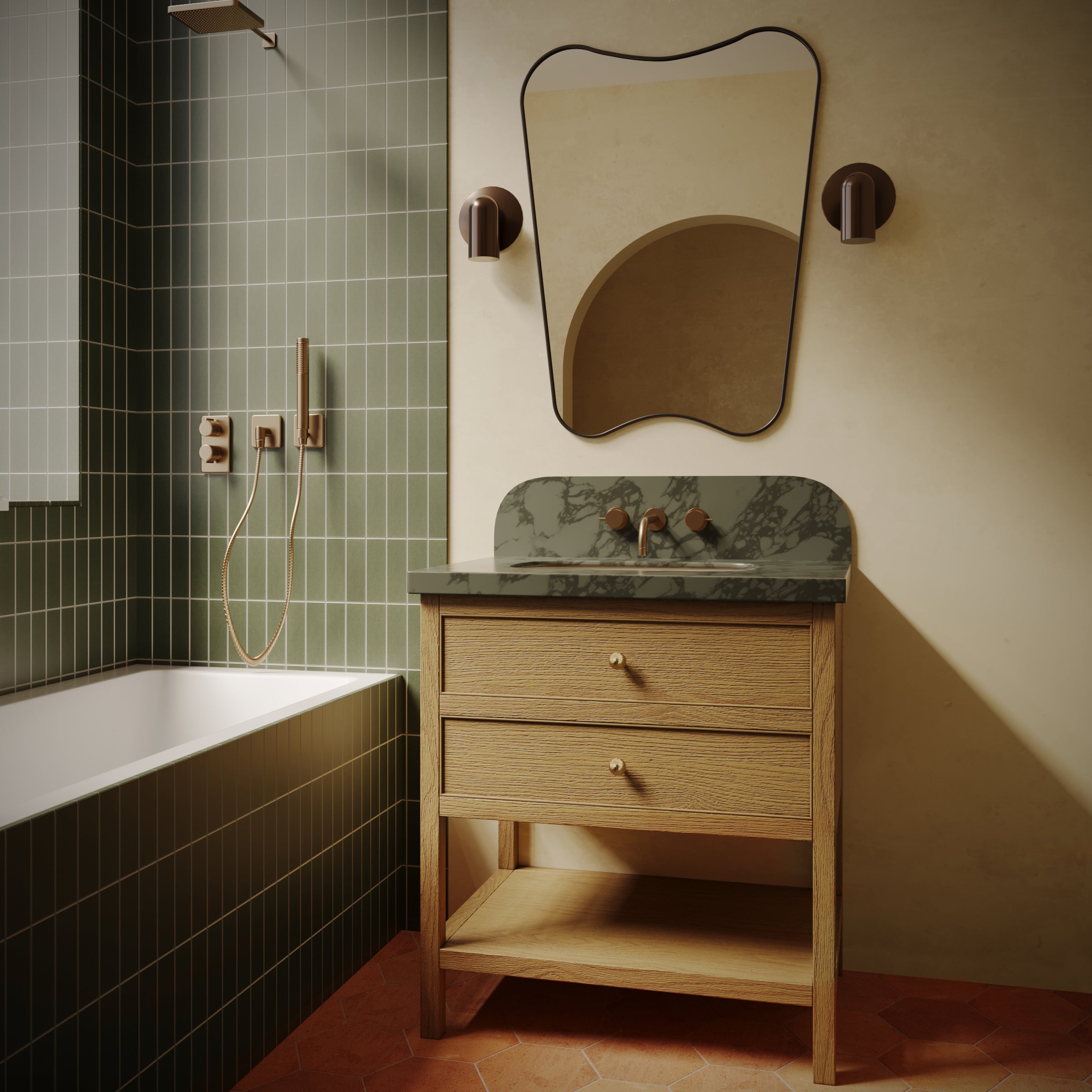 Modern bathroom with green small format tiles, wooden vanity with marble countertop, and uniquely shaped mirror