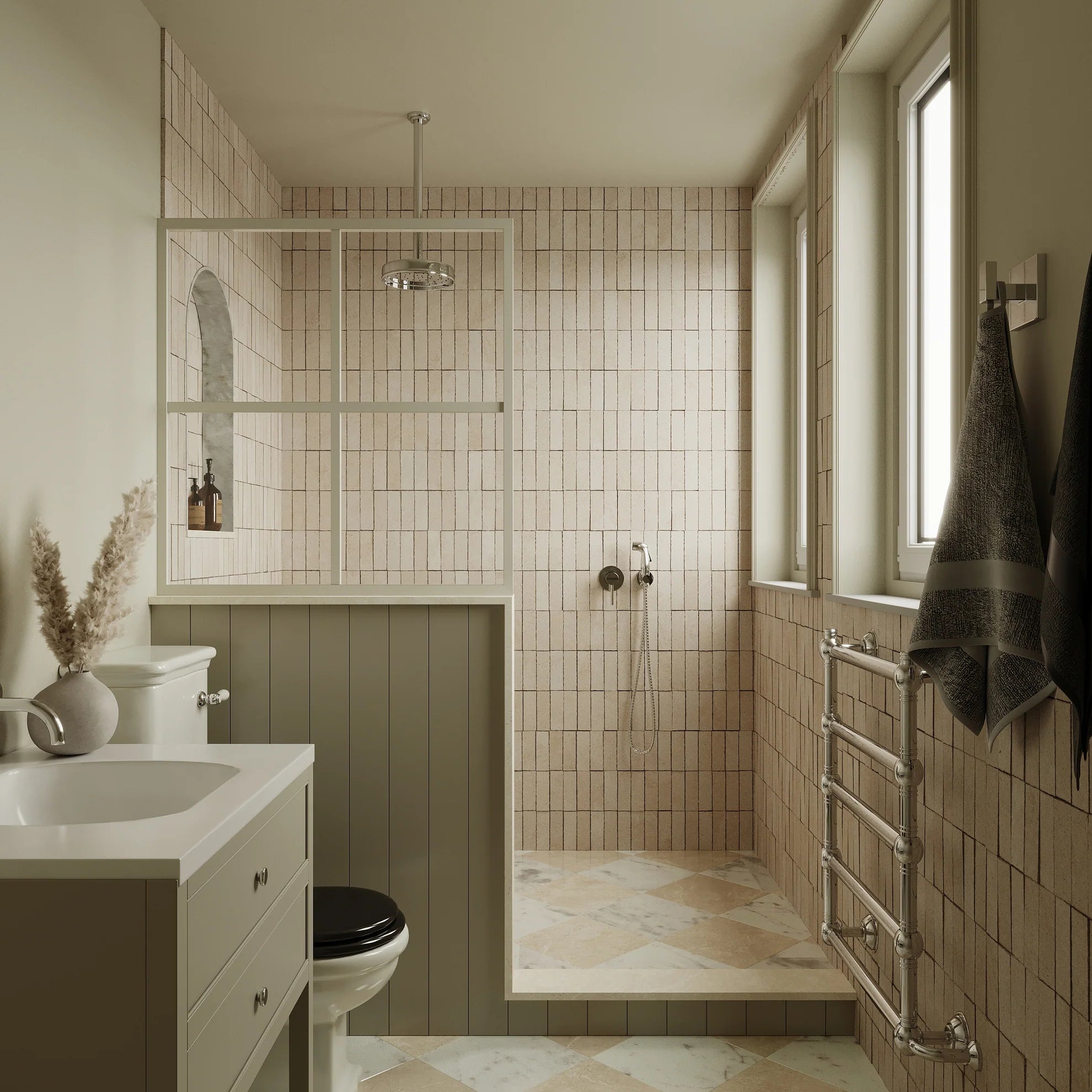 Minimalist bathroom with vertical pale beige ceramic tiles, a walk-in shower, window light, and muted sage green vanity cabinet