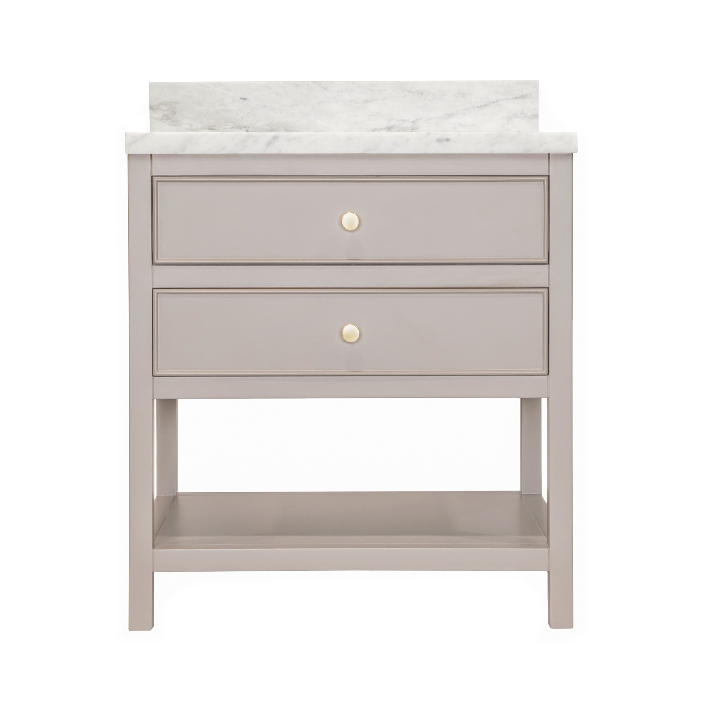 Type 6 Bathroom Vanity in taupe with marble top, two drawers, open lower shelf, from Reno Source Vanities collection.