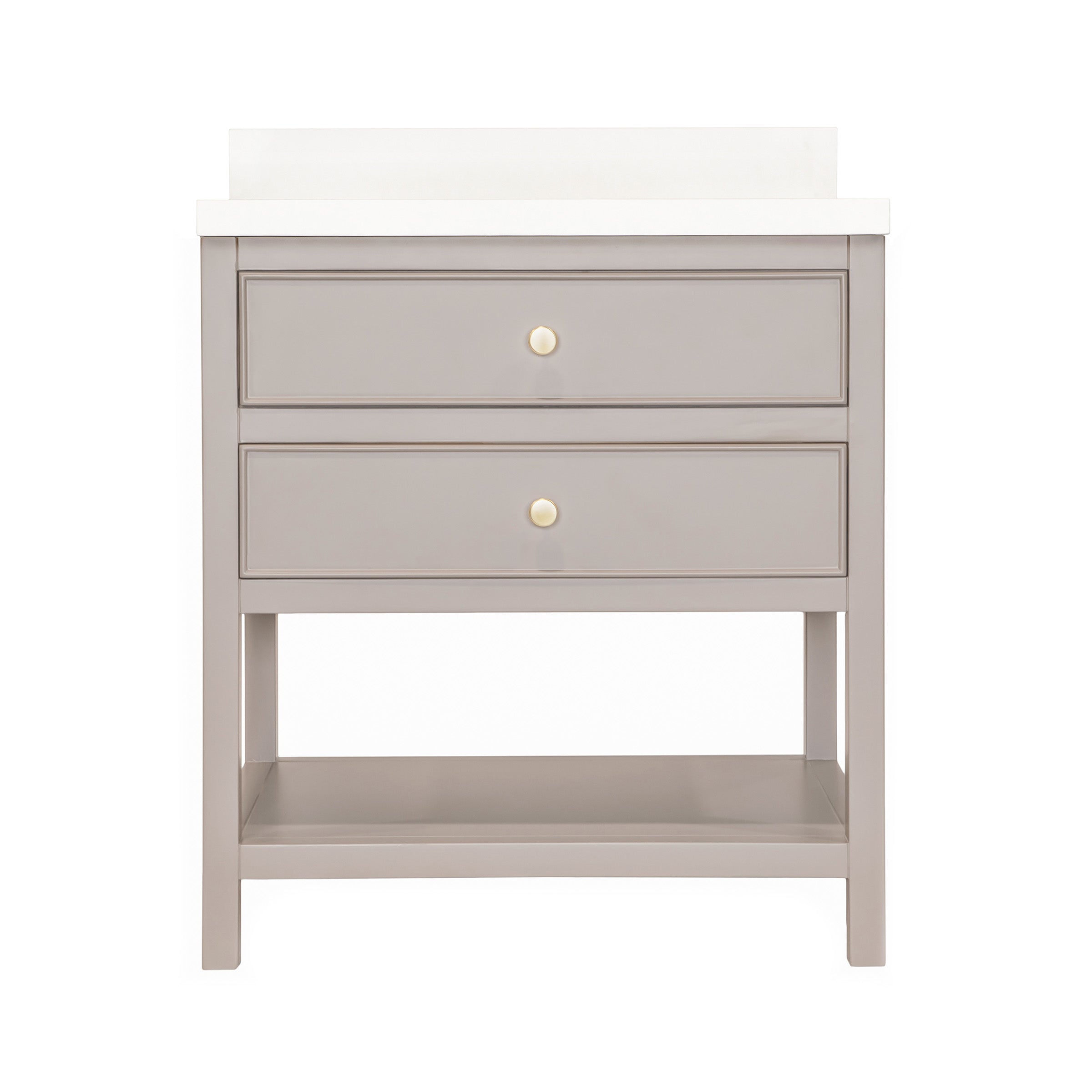 Type 6 Bathroom Vanity in taupe with quartz top, featuring drawers and open shelf from Reno Source bathroom vanities collection.