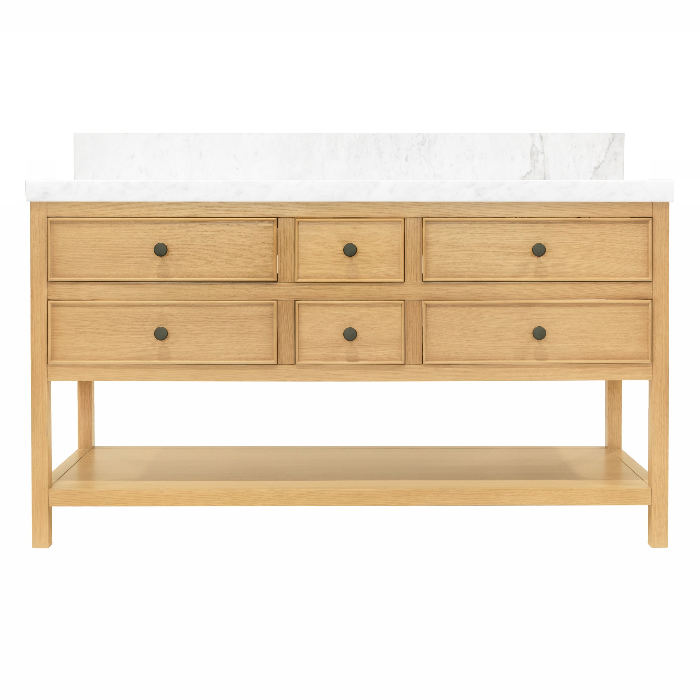 Type 6 Bathroom Vanity in warm harvest oak with marble top, featuring drawers and open lower shelf from Bathroom Vanities collection