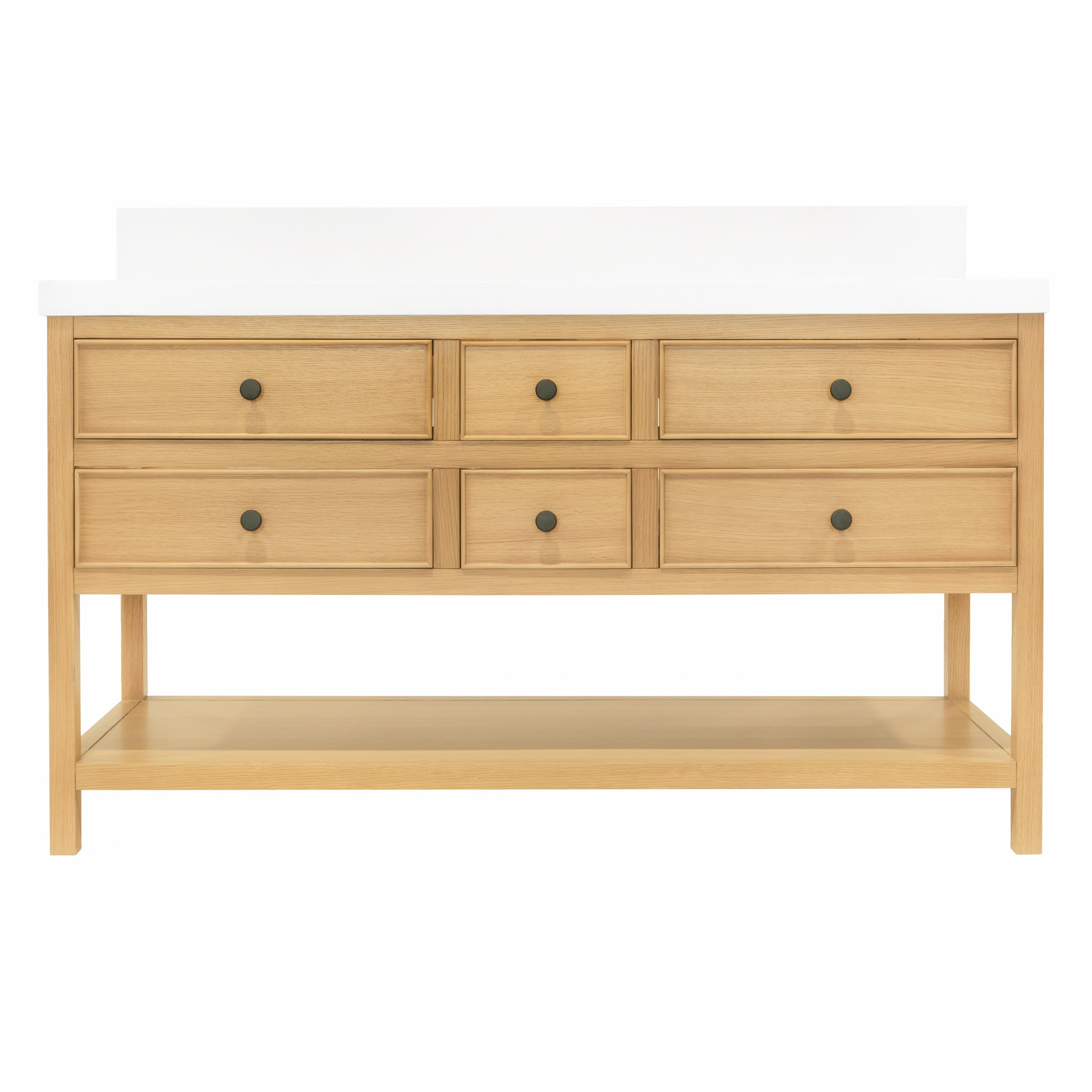 Type 6 Bathroom Vanity in warm harvest oak finish with open shelf and round knobs, part of Bathroom Vanities collection