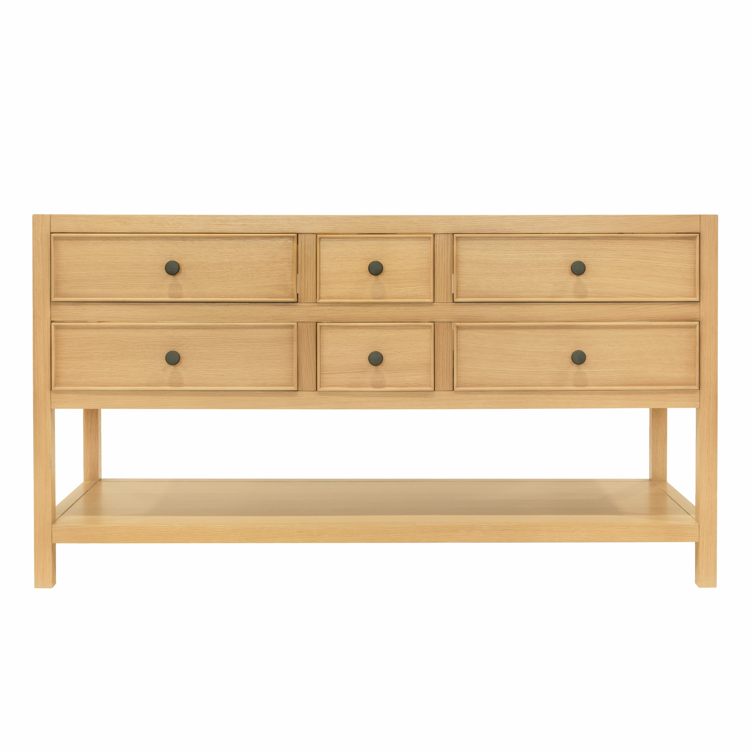 Type 6 Bathroom Vanity in warm oak finish with drawers and open shelf, globally sourced for your imagination.