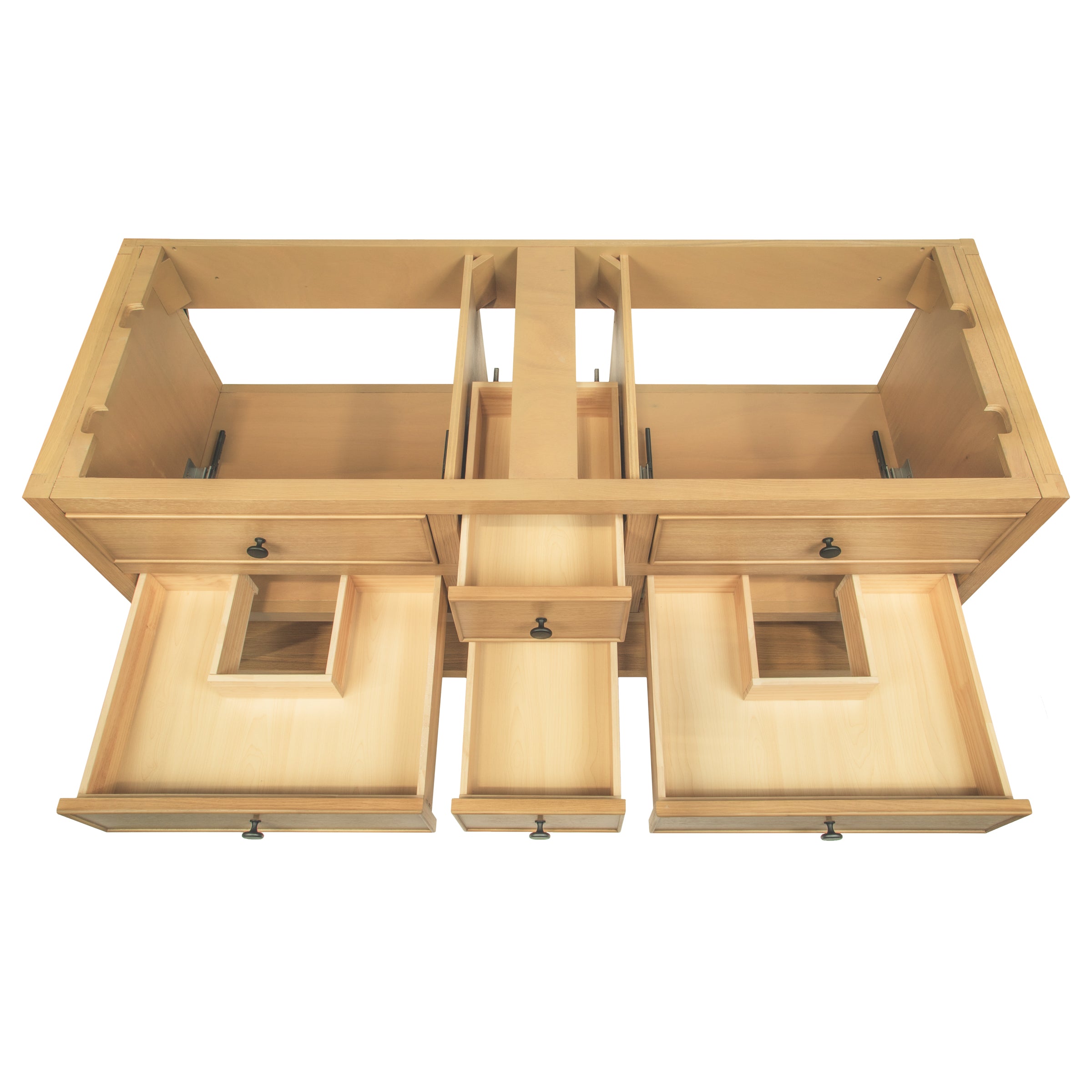 Top-down view of a light oak vanity frame with multiple drawers open and compartments for plumbing access in the center