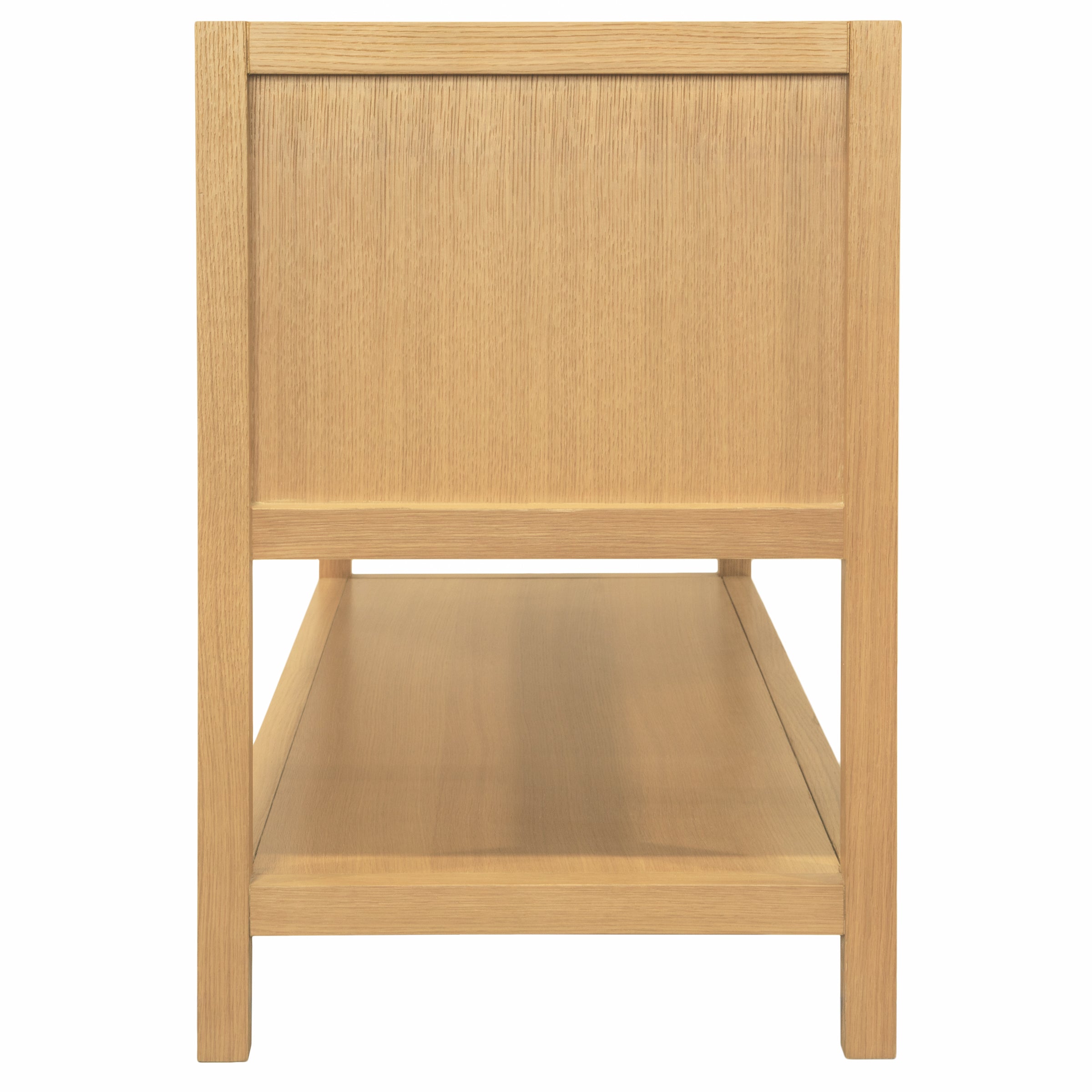 Side view of a natural oak wooden piece showcasing an open lower shelf and clean, minimalist design lines