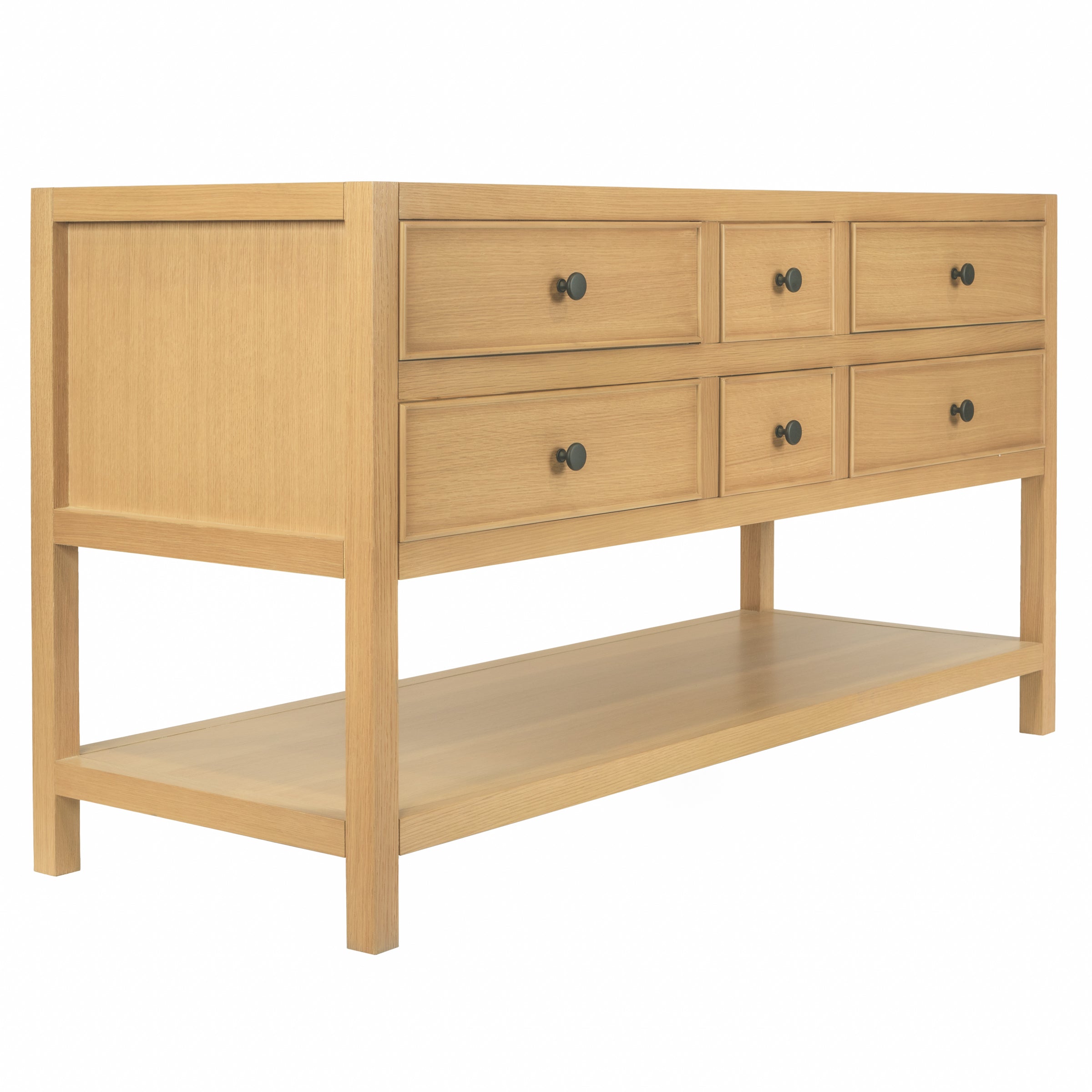 Angled perspective of a light oak wood storage unit with six drawers and a sturdy open bottom shelf