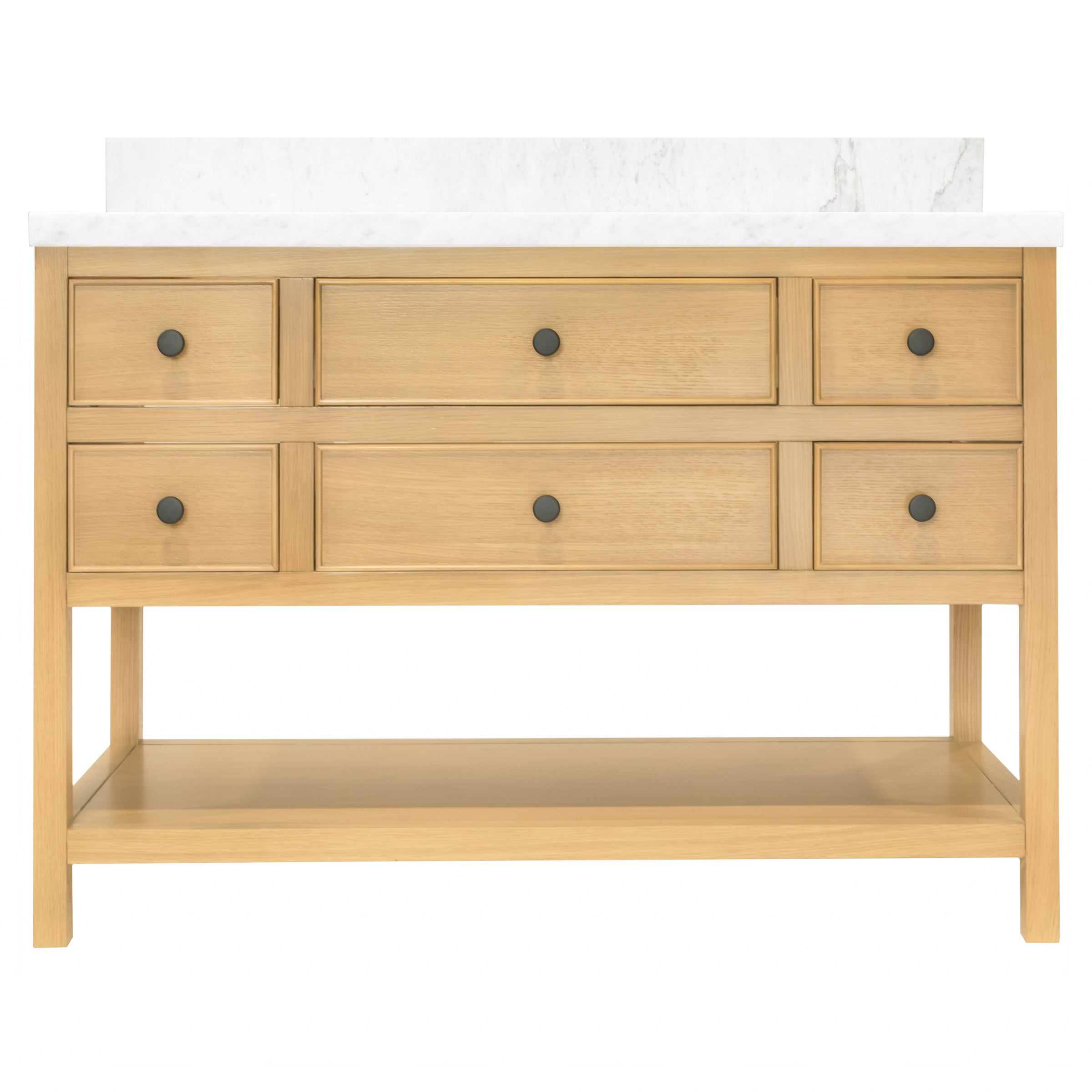 Type 6 Bathroom Vanity in light oak with marble top, featuring dovetail drawers and open lower shelf for Bathroom Vanities collection