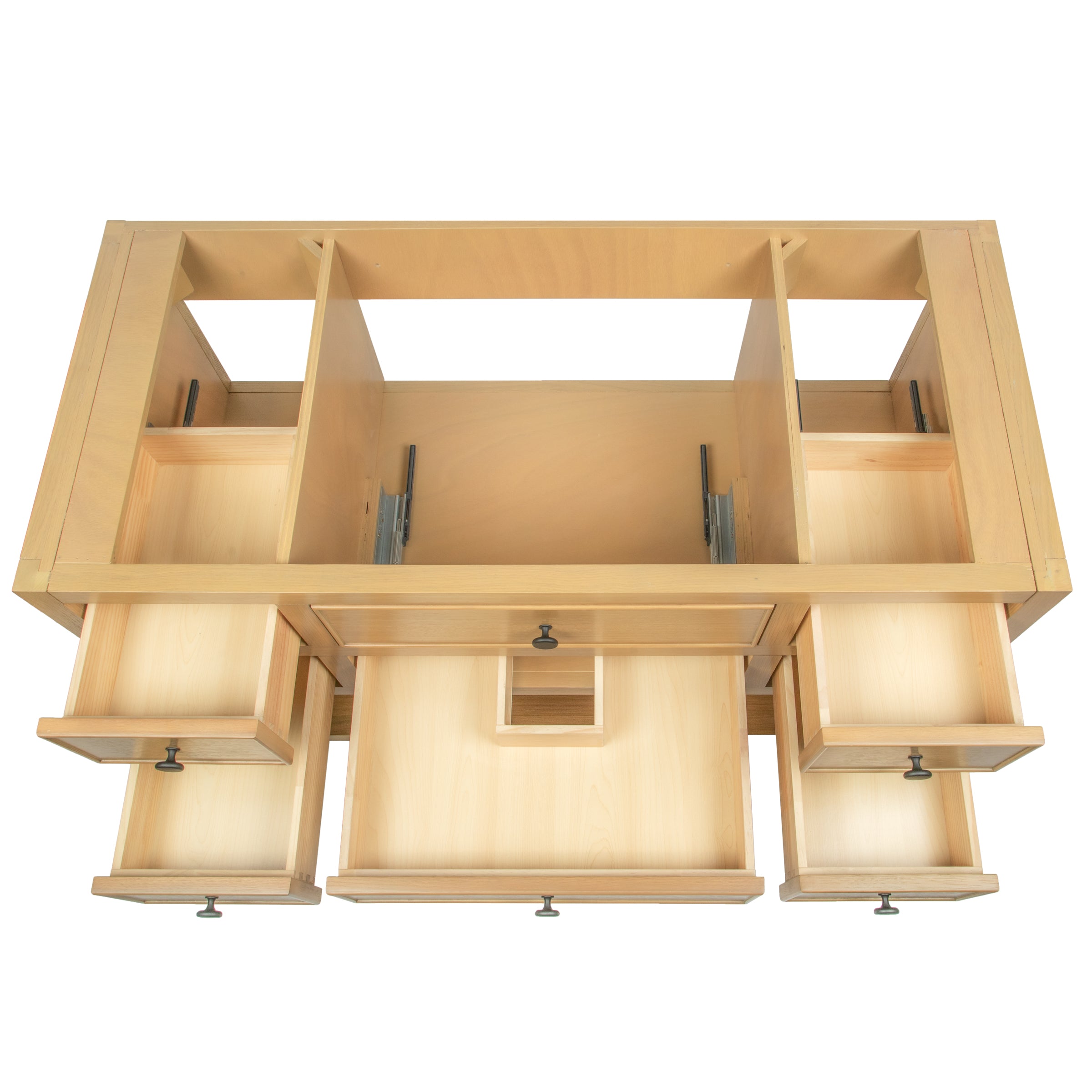 Top view of a light oak vanity frame with multiple open drawers and compartments for plumbing access in the center