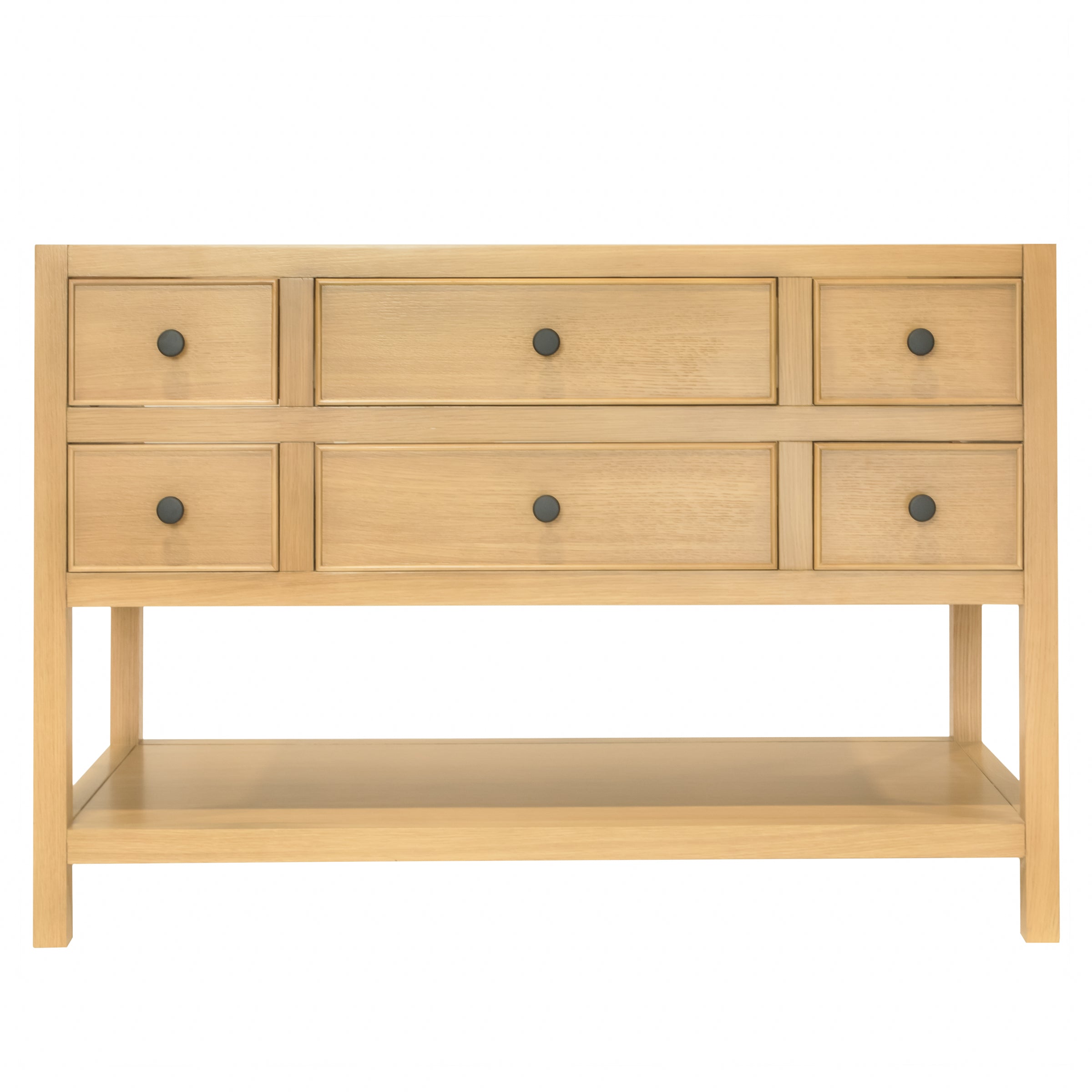 Type 6 Bathroom Vanity in light oak with dovetail drawers and open lower shelf from Bathroom Vanities collection.