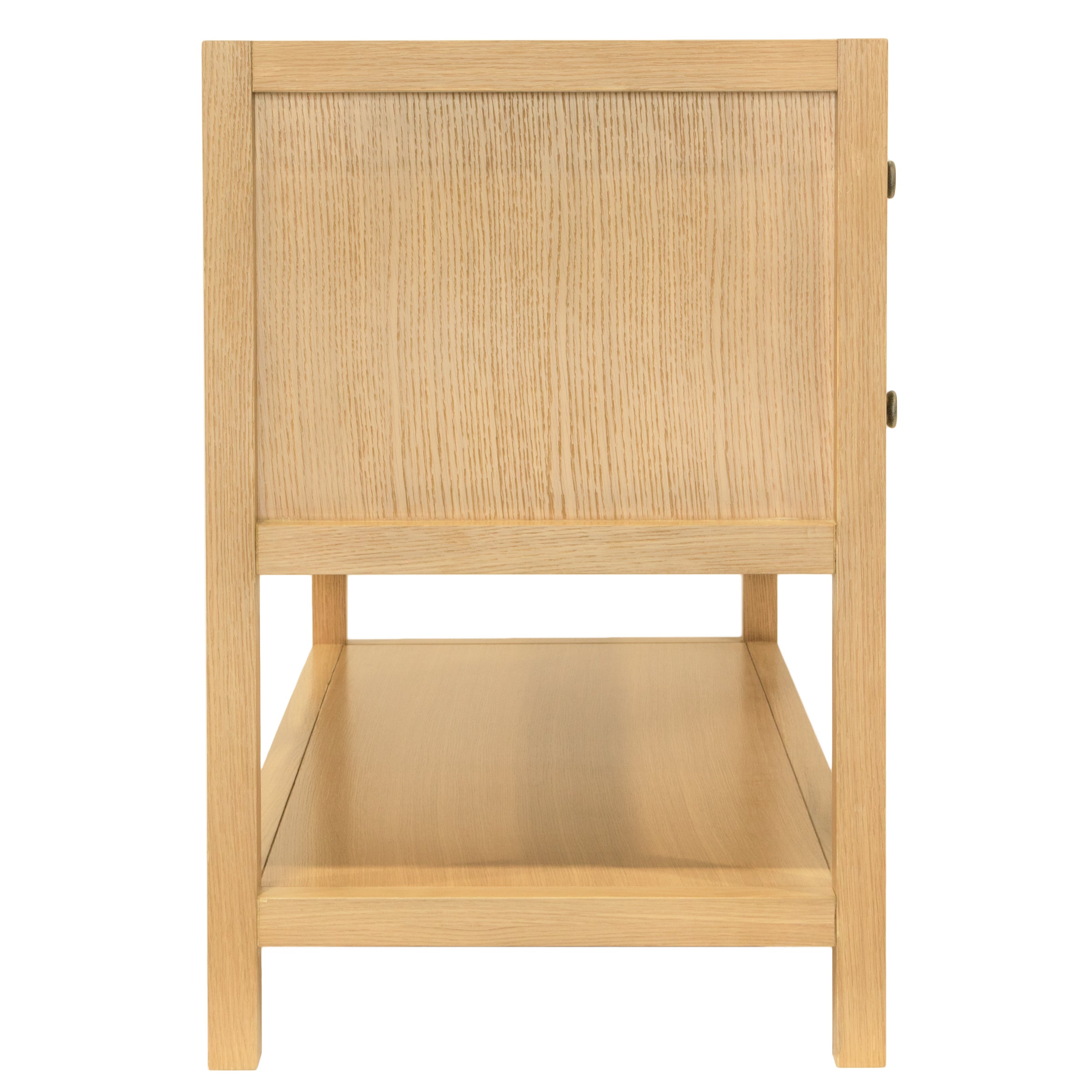 Side view of a light oak wooden frame with a smooth lower shelf and vertical wood grain panel on the back