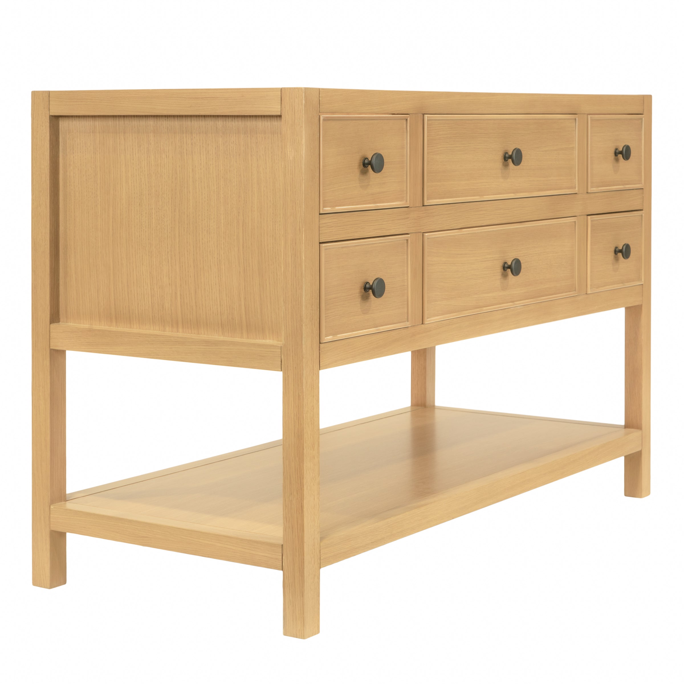 Natural oak wood storage unit with eight drawers featuring dark round knobs and an open shelf at the bottom