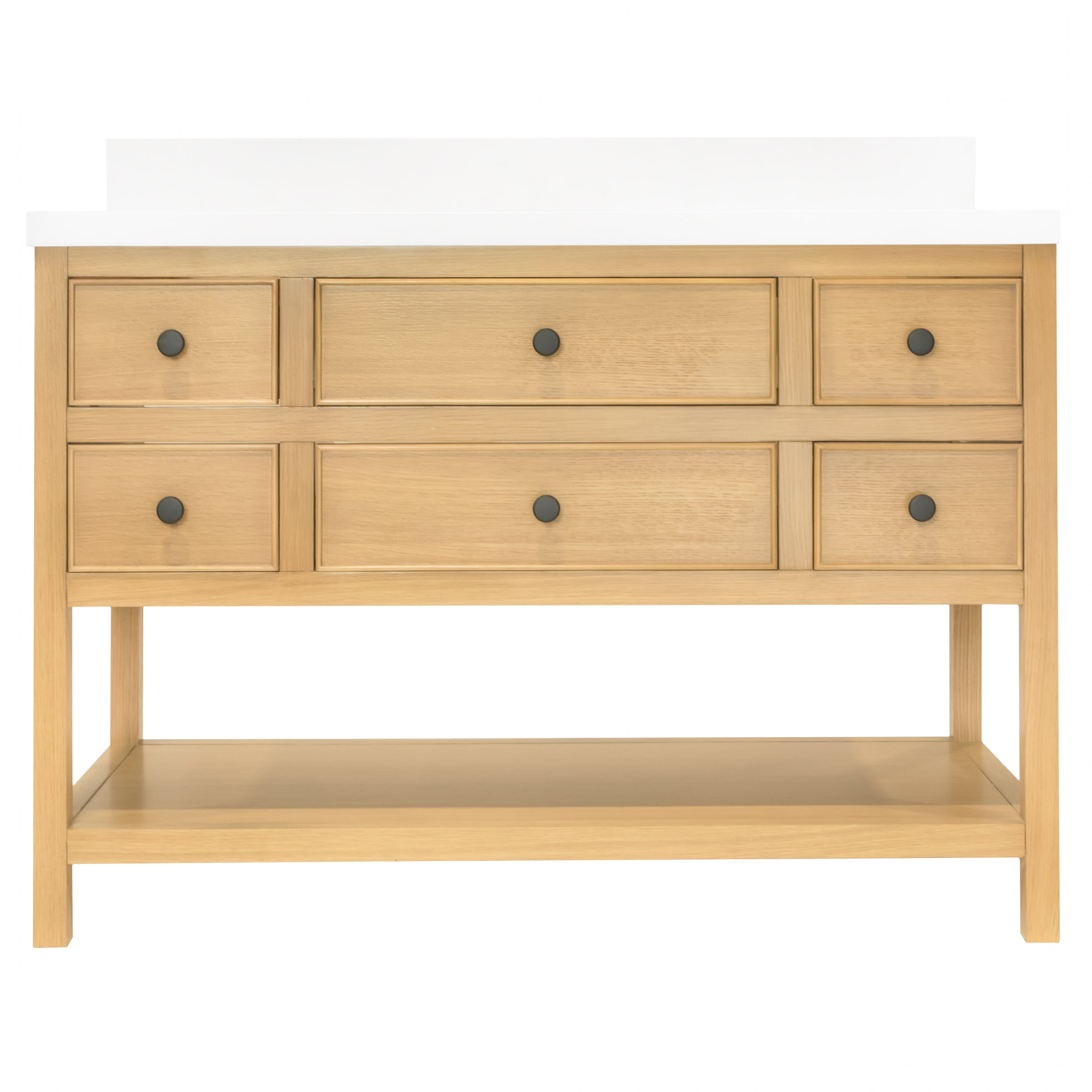 Type 6 Bathroom Vanity in harvest oak with drawers, open shelf, friendly design, part of Bathroom Vanities collection.